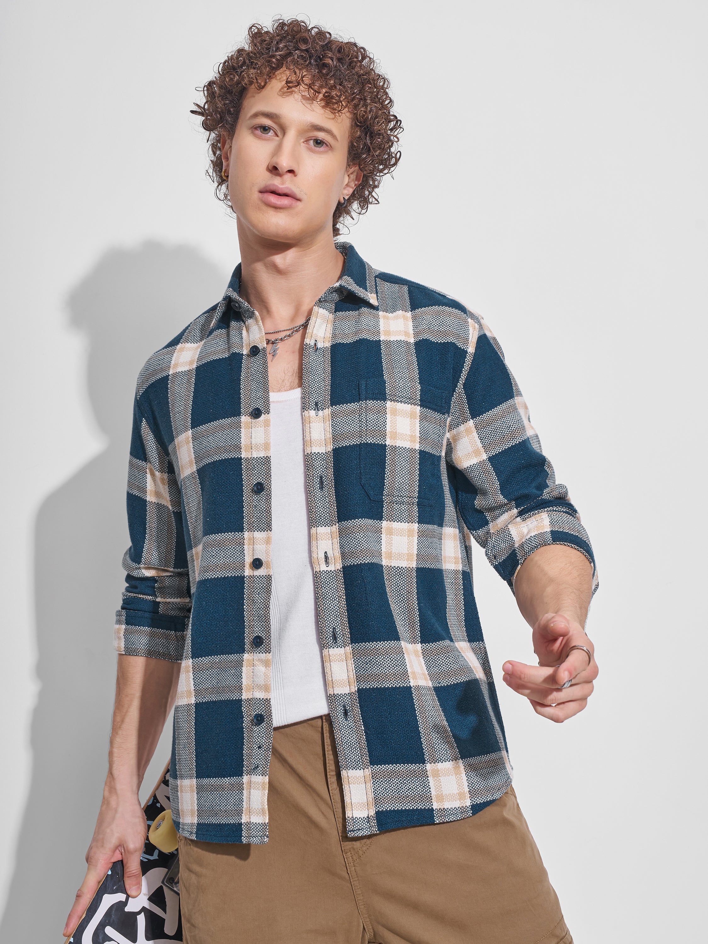 Highlander Men Teal Checked Relaxed Fit Casual Shirt - Teal - Image 1