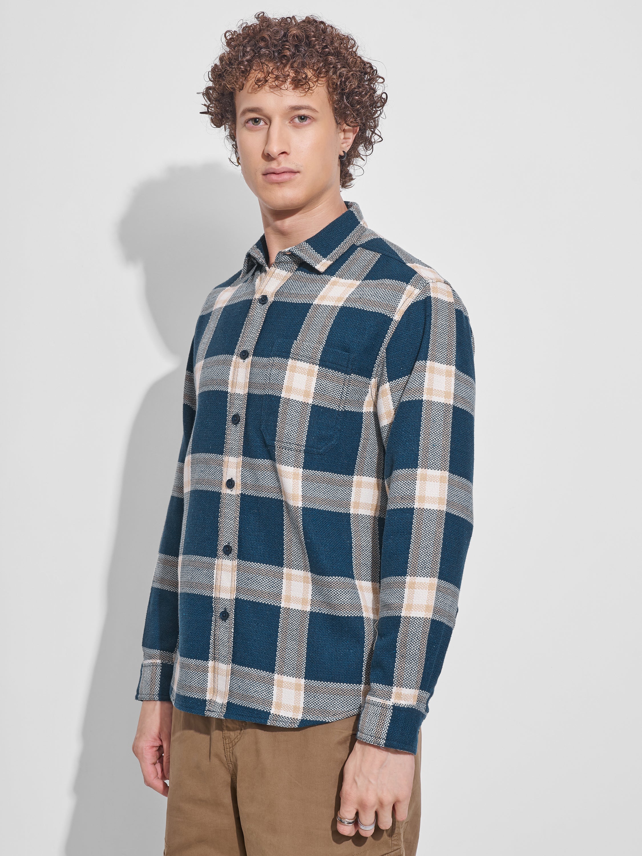 Highlander Men Teal Checked Relaxed Fit Casual Shirt - Teal - Image 4