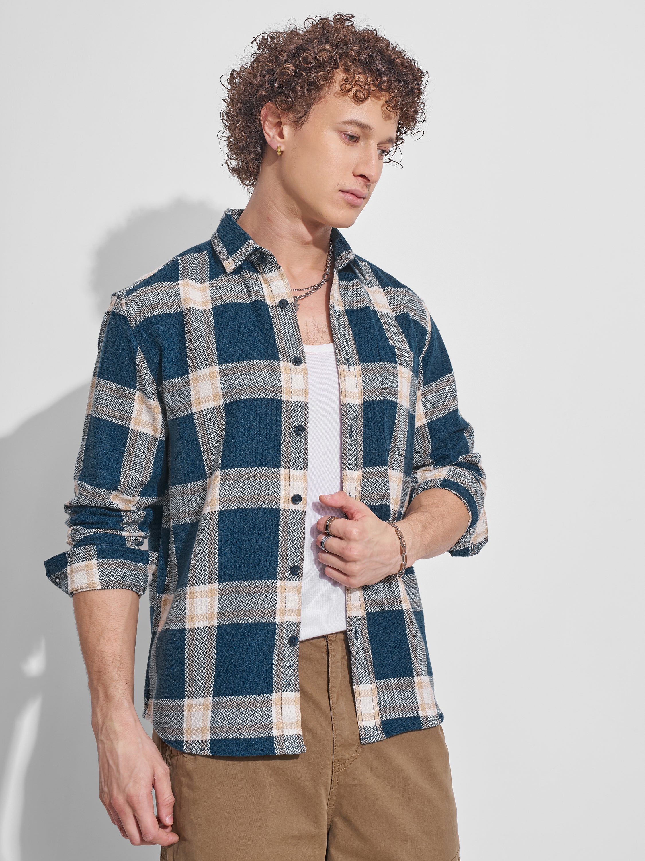 Highlander Men Teal Checked Relaxed Fit Casual Shirt - Teal - Image 6