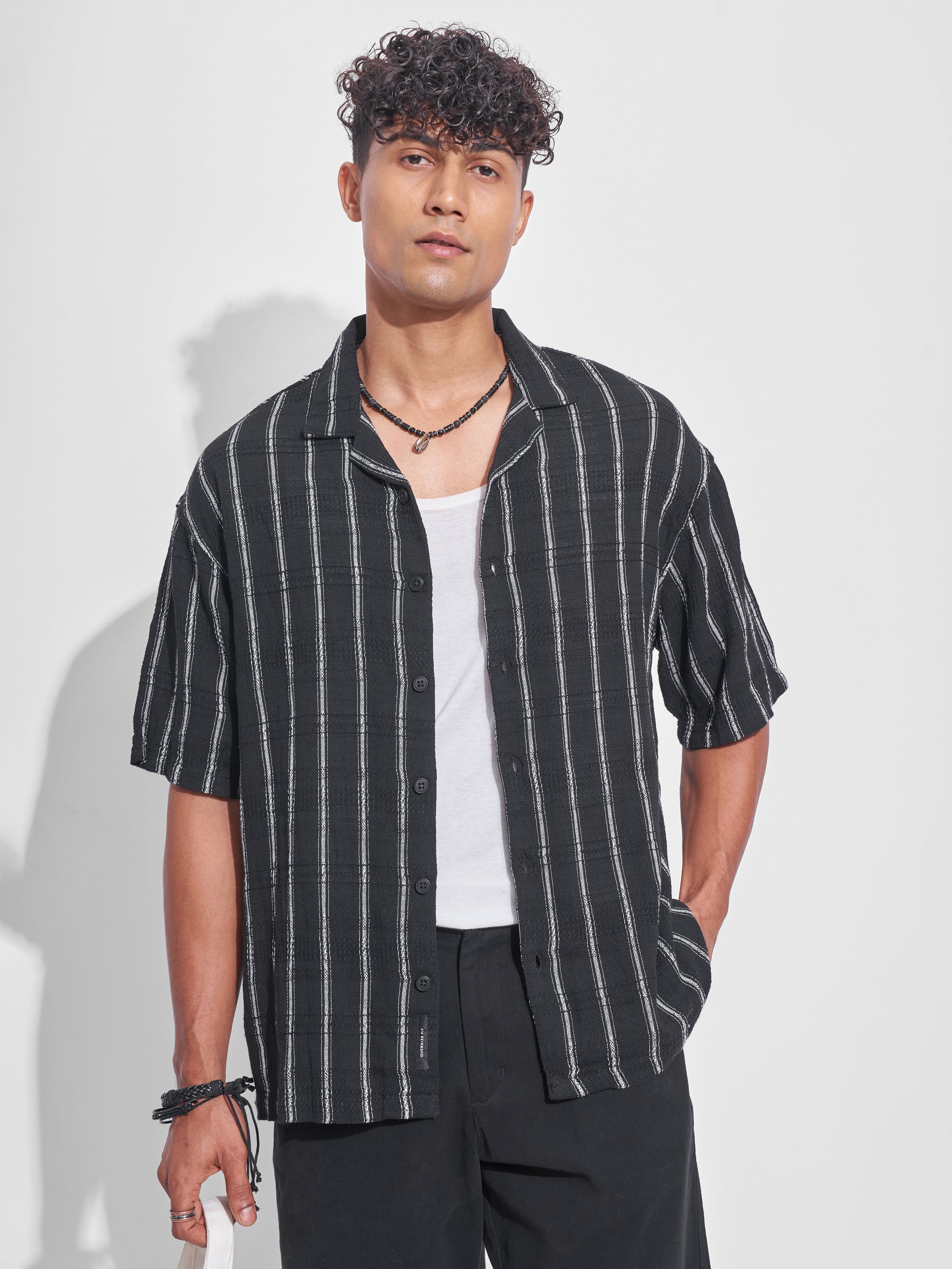 Highlander Men Black Striped Oversized Fit Casual Shirt - Black - Image 1
