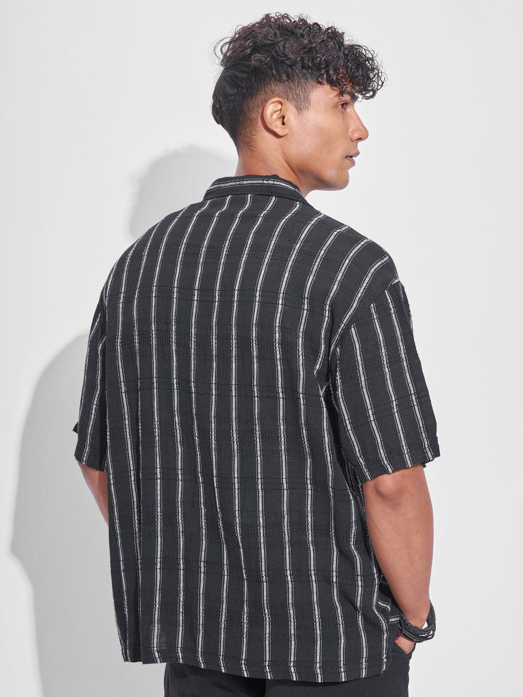 Highlander Men Black Striped Oversized Fit Casual Shirt - Black - Image 3