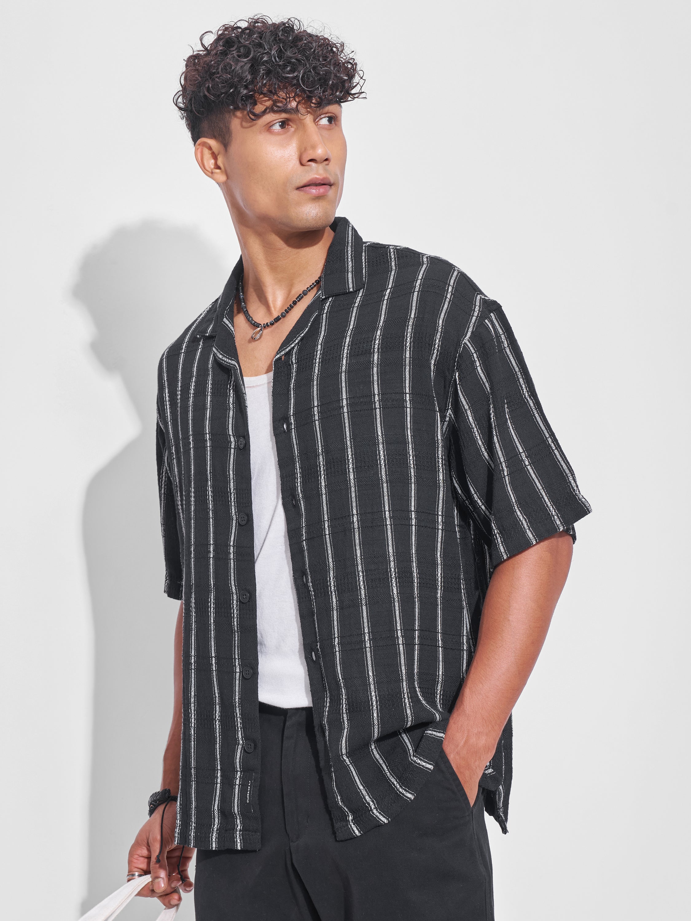 Highlander Men Black Striped Oversized Fit Casual Shirt - Black - Image 4