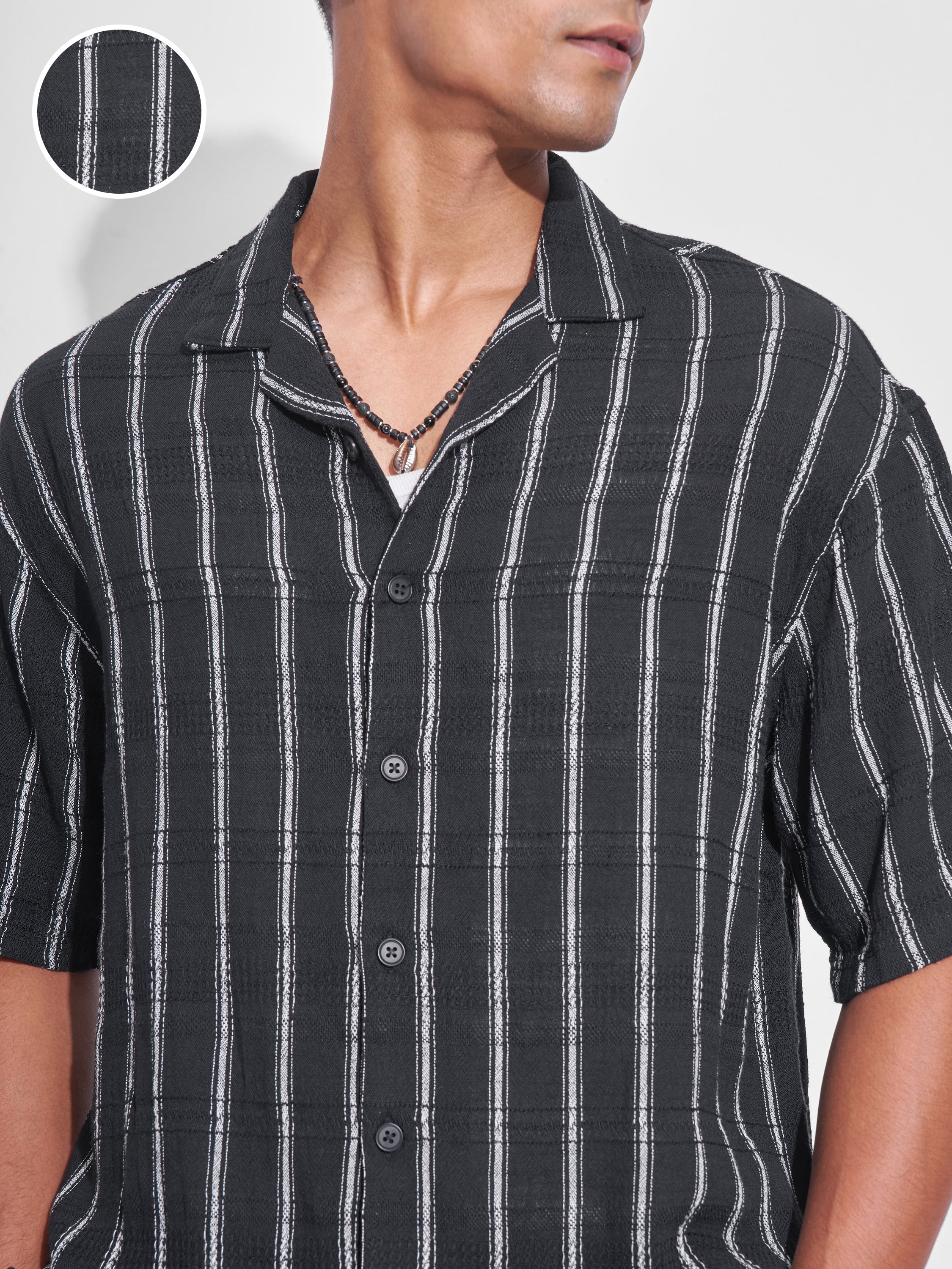 Highlander Men Black Striped Oversized Fit Casual Shirt - Black - Image 5