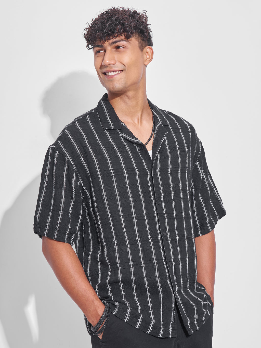 Highlander Men Black Striped Oversized Fit Casual Shirt - Black - Image 6