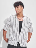 Highlander Men Off White Striped Oversized Fit Casual Shirt - Off White - Image 1