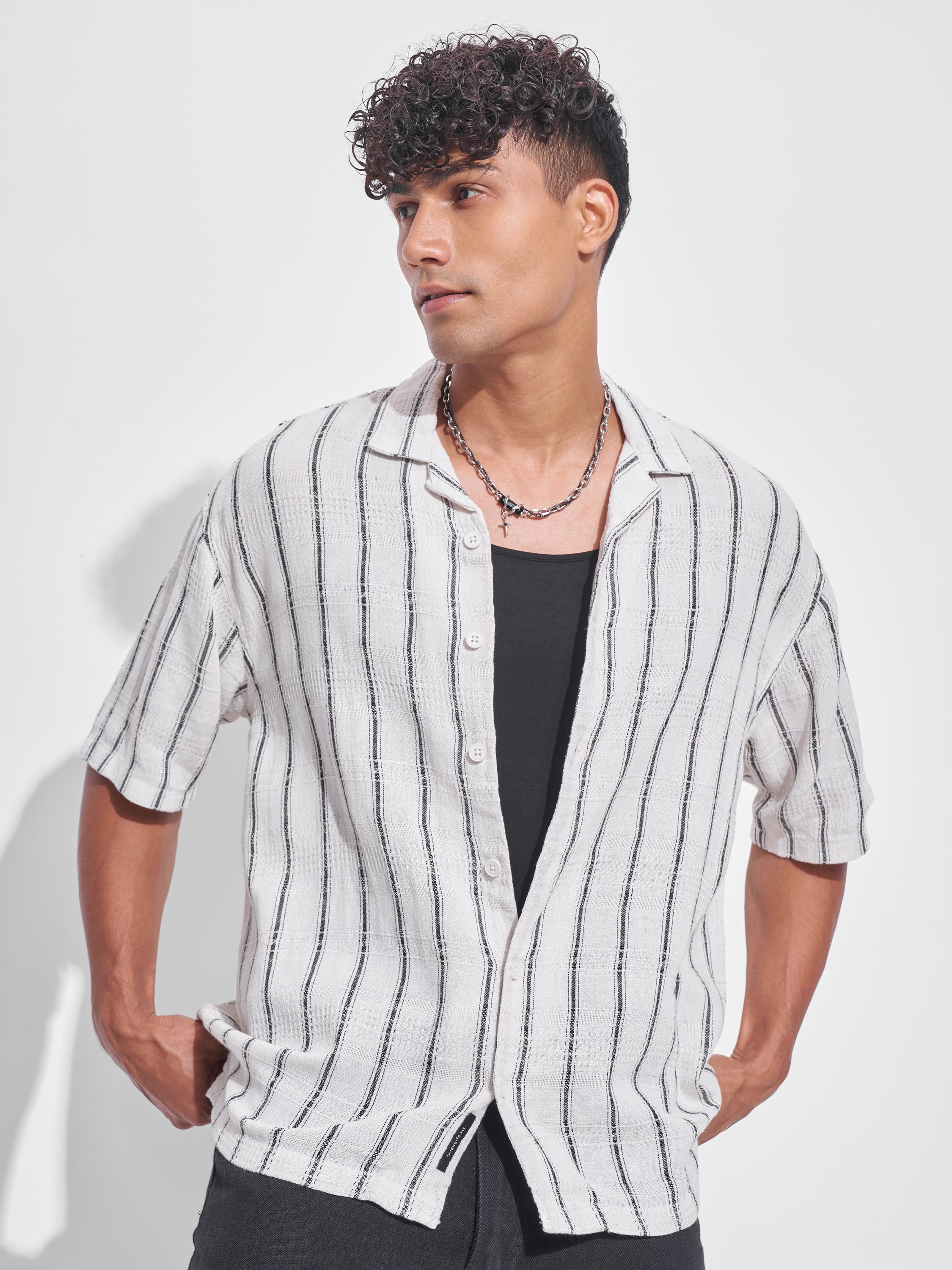 Highlander Men Off White Striped Oversized Fit Casual Shirt - Off White - Image 1