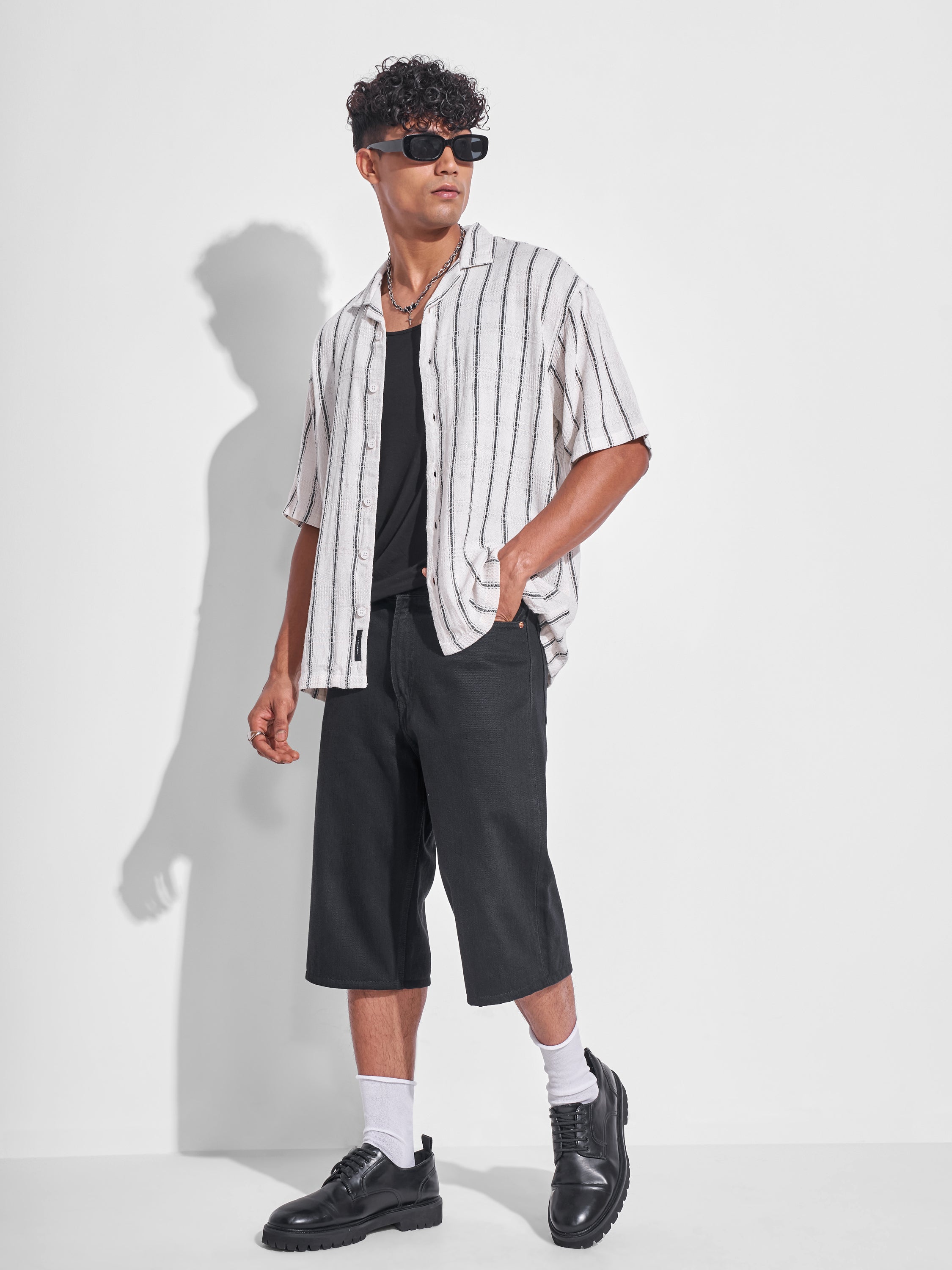 Highlander Men Off White Striped Oversized Fit Casual Shirt - Off White - Image 2