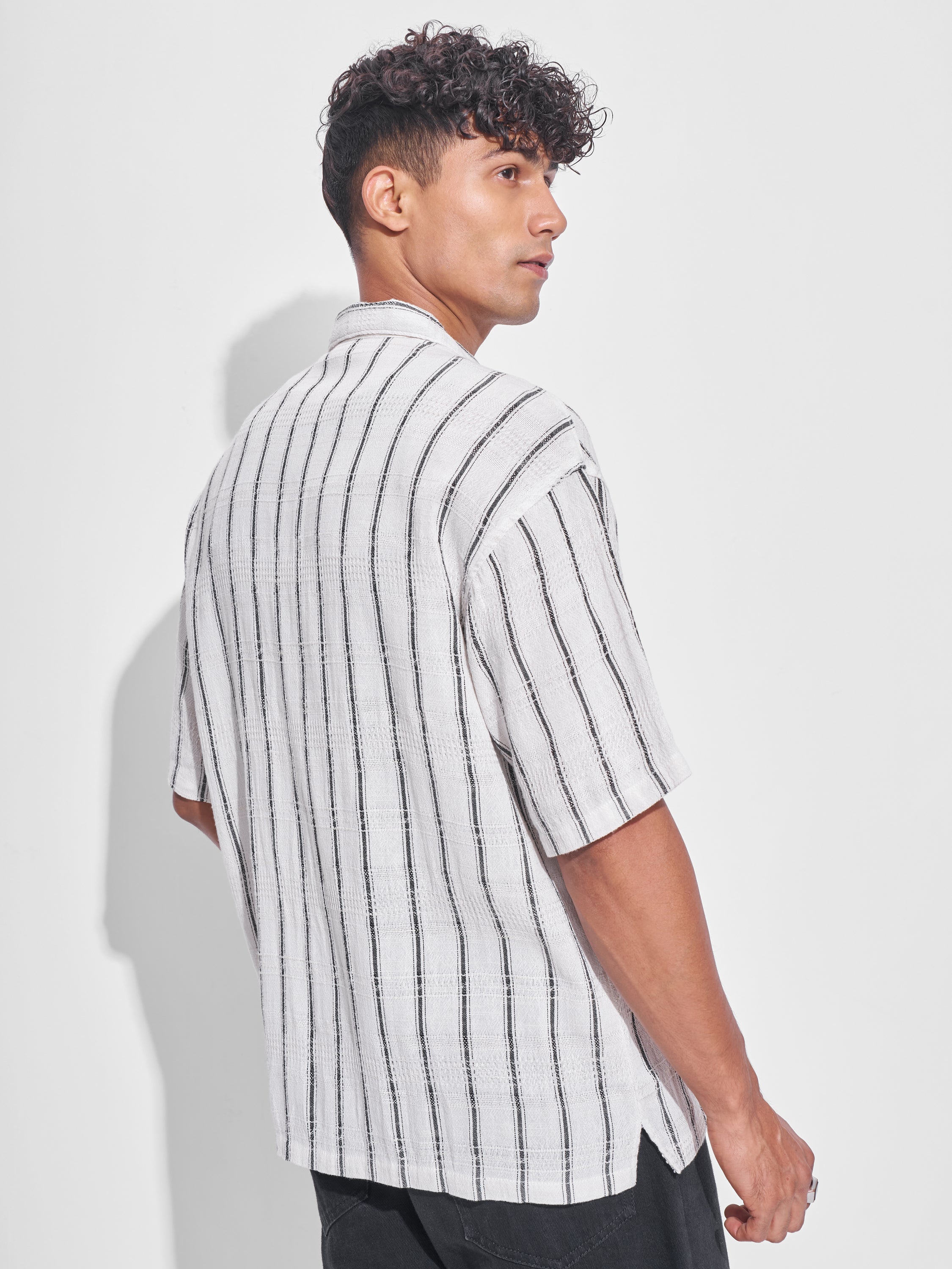 Highlander Men Off White Striped Oversized Fit Casual Shirt - Off White - Image 3
