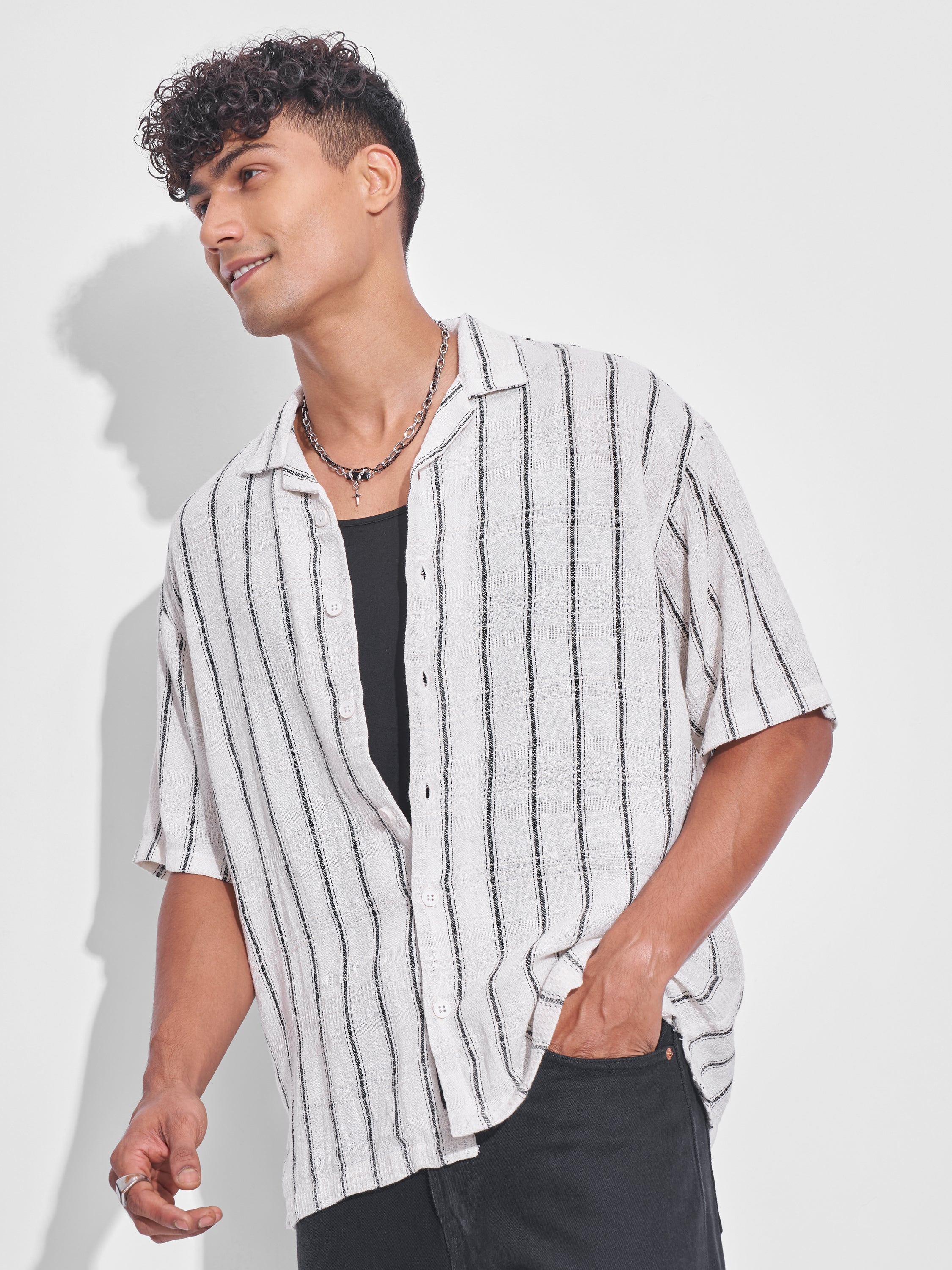Highlander Men Off White Striped Oversized Fit Casual Shirt - Off White - Image 4
