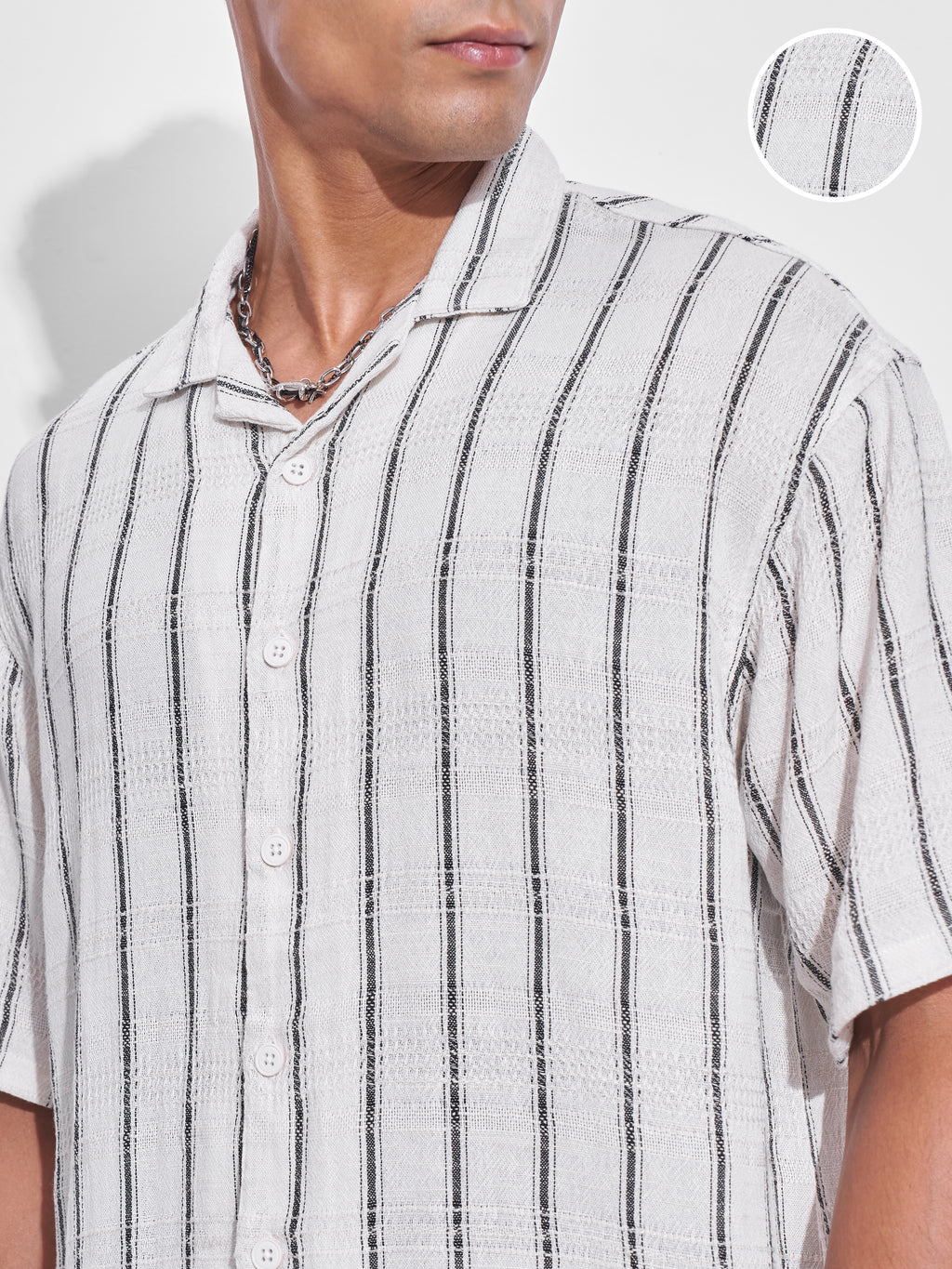 Highlander Men Off White Striped Oversized Fit Casual Shirt - Off White - Image 5