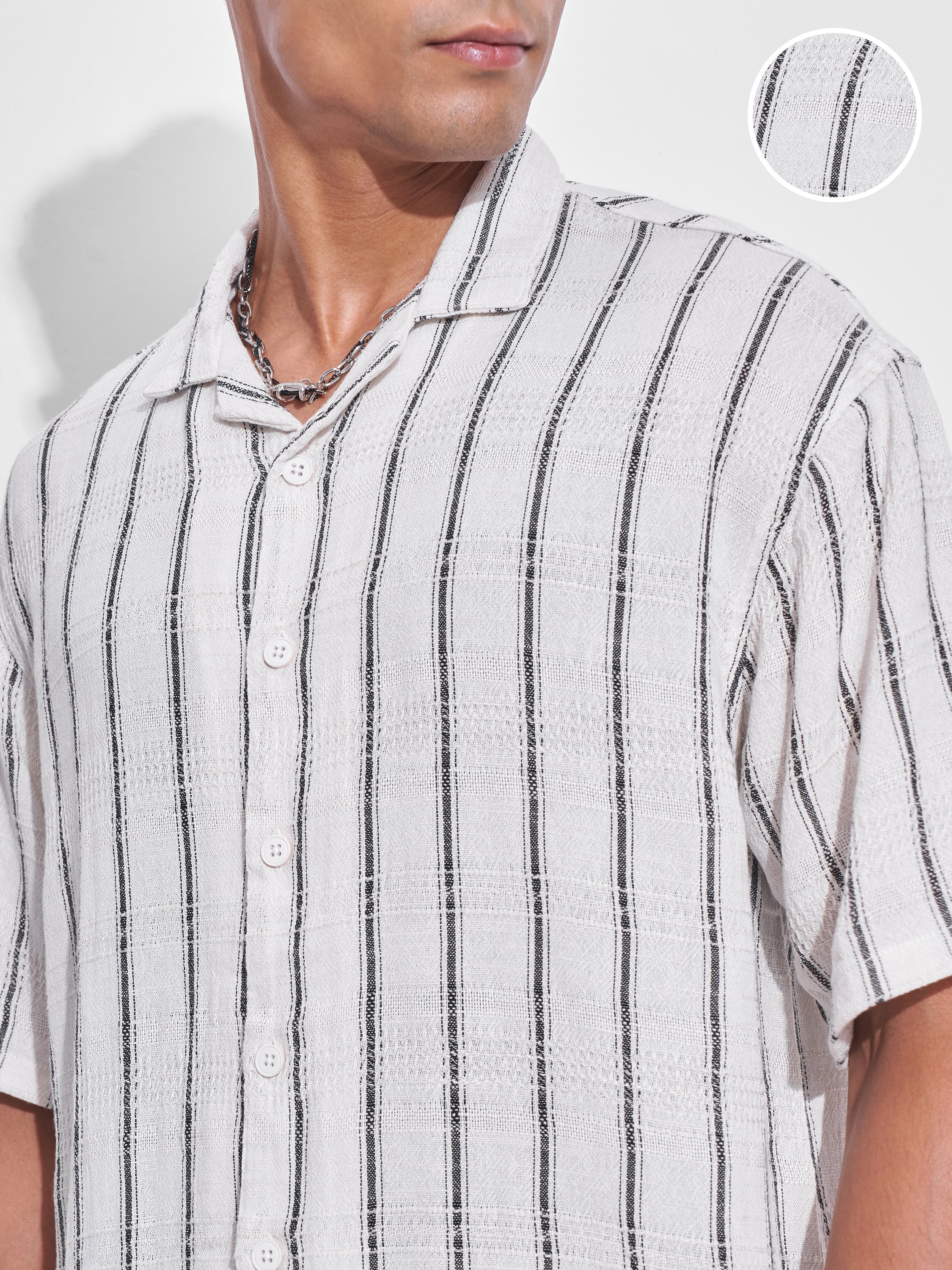 Highlander Men Off White Striped Oversized Fit Casual Shirt - Off White - Image 5