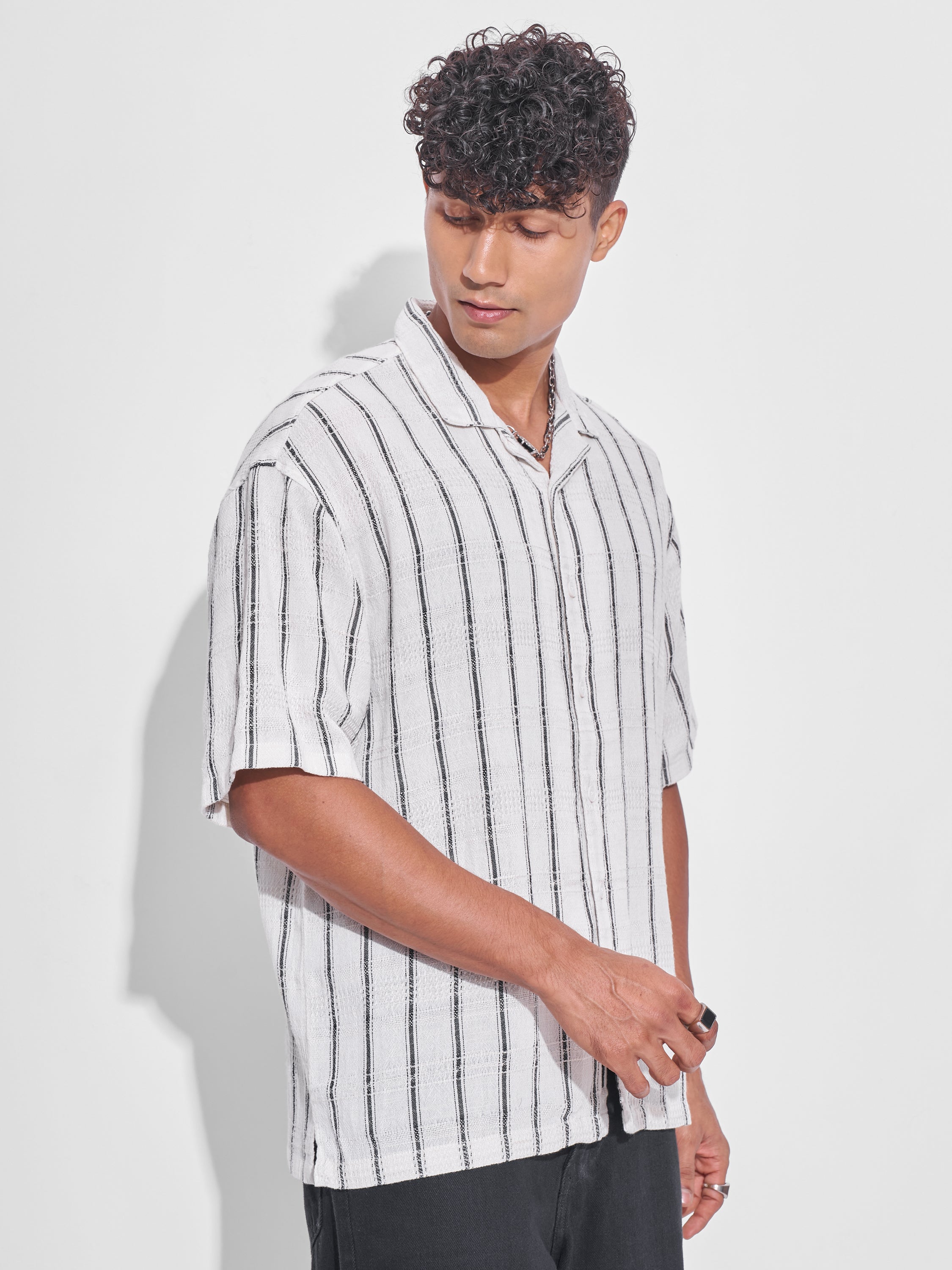 Highlander Men Off White Striped Oversized Fit Casual Shirt - Off White - Image 6