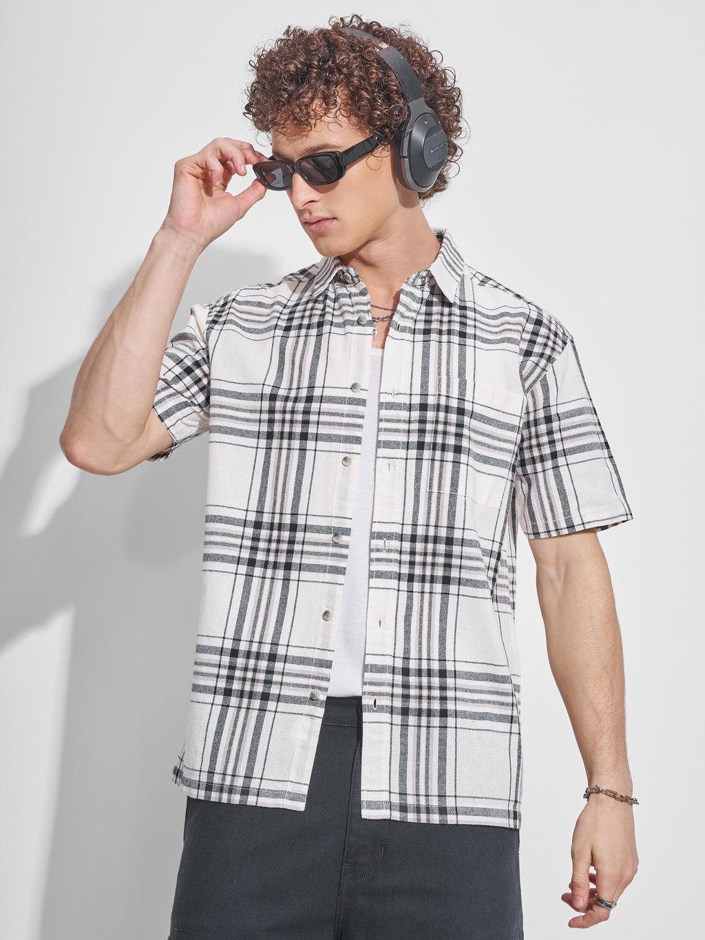 Highlander Men Off White Checked Relaxed Fit Casual Shirt - Off White - Image 1