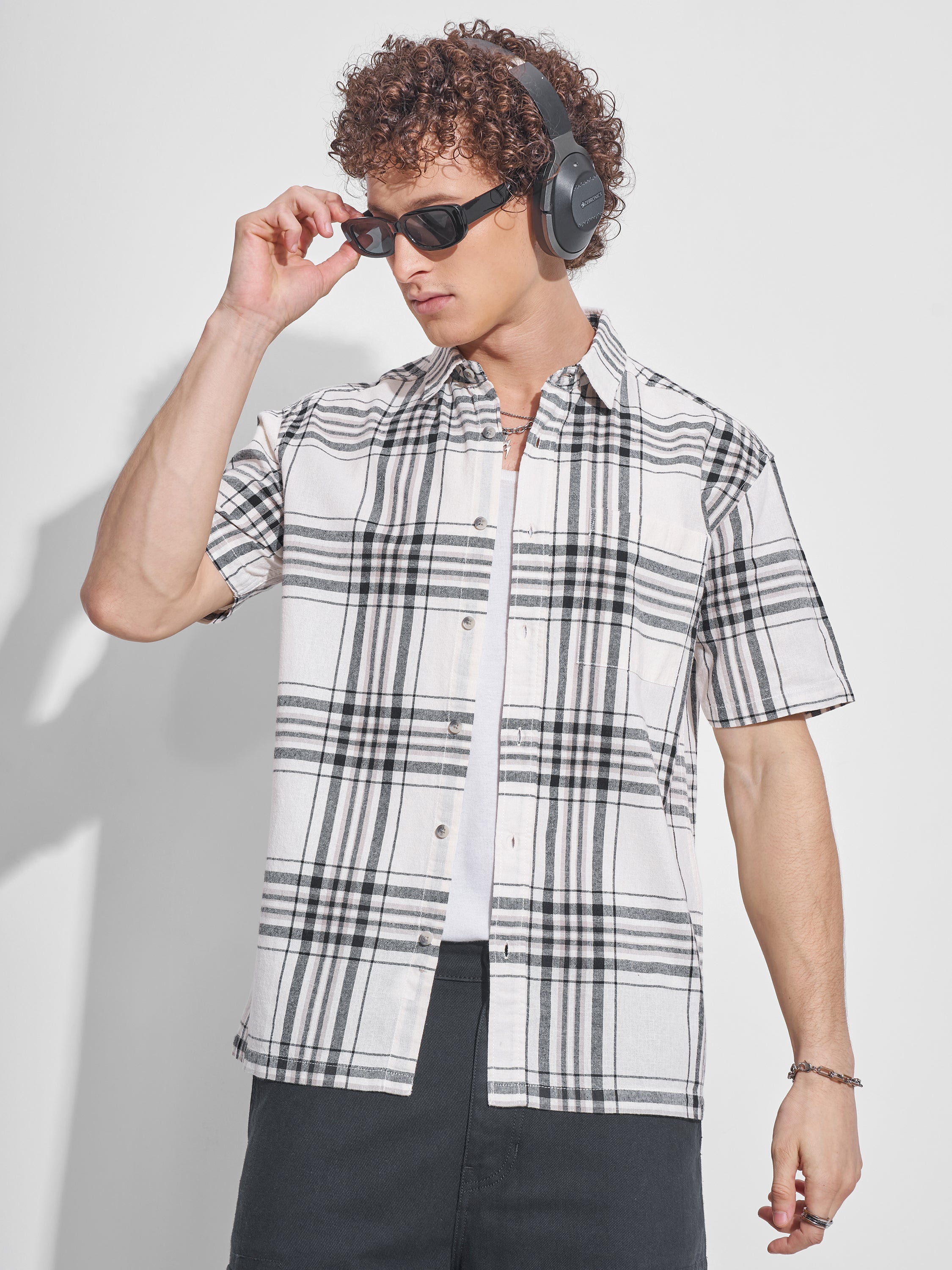 Highlander Men Off White Checked Relaxed Fit Casual Shirt - Off White - Image 1