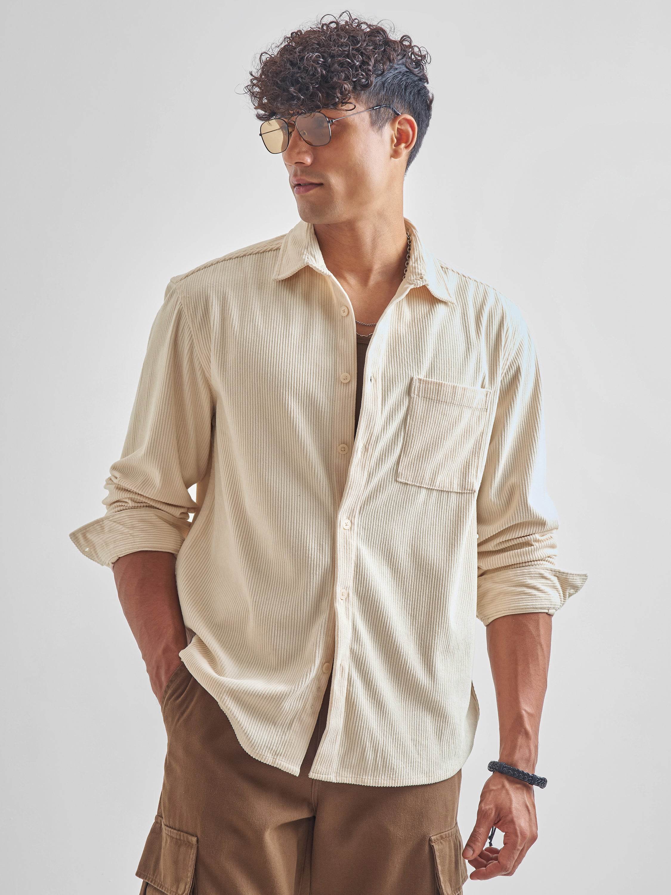 Highlander Men Cream Self Design Oversized Fit Casual Shirt - Cream - Image 1
