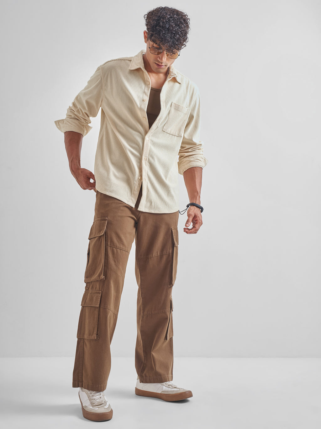 Highlander Men Cream Self Design Oversized Fit Casual Shirt - Cream - Image 2