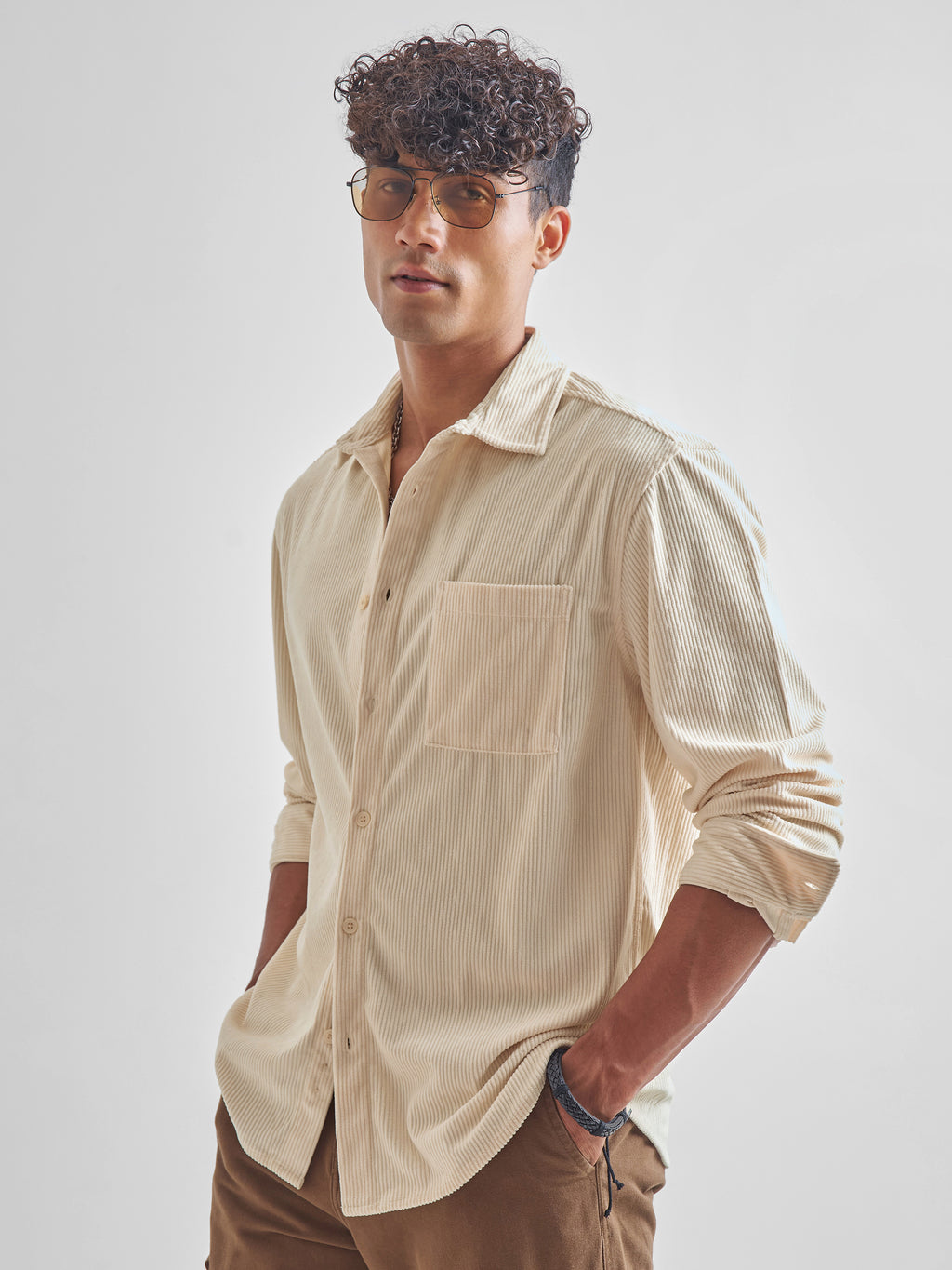 Highlander Men Cream Self Design Oversized Fit Casual Shirt - Cream - Image 4