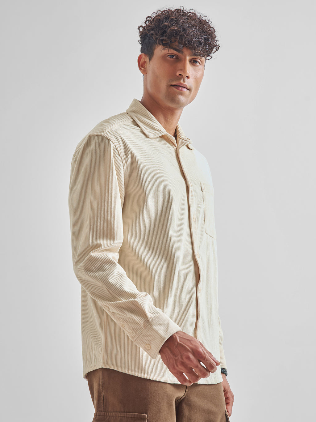 Highlander Men Cream Self Design Oversized Fit Casual Shirt - Cream - Image 6