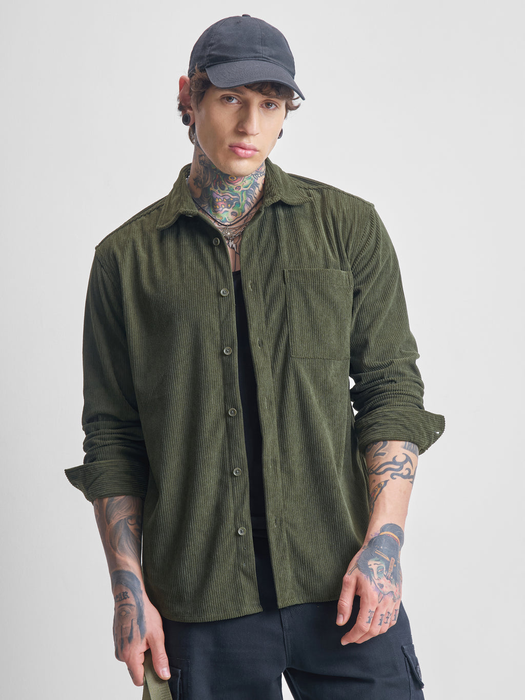 Highlander Men Olive Self Design Oversized Fit Casual Shirt - Olive - Image 1