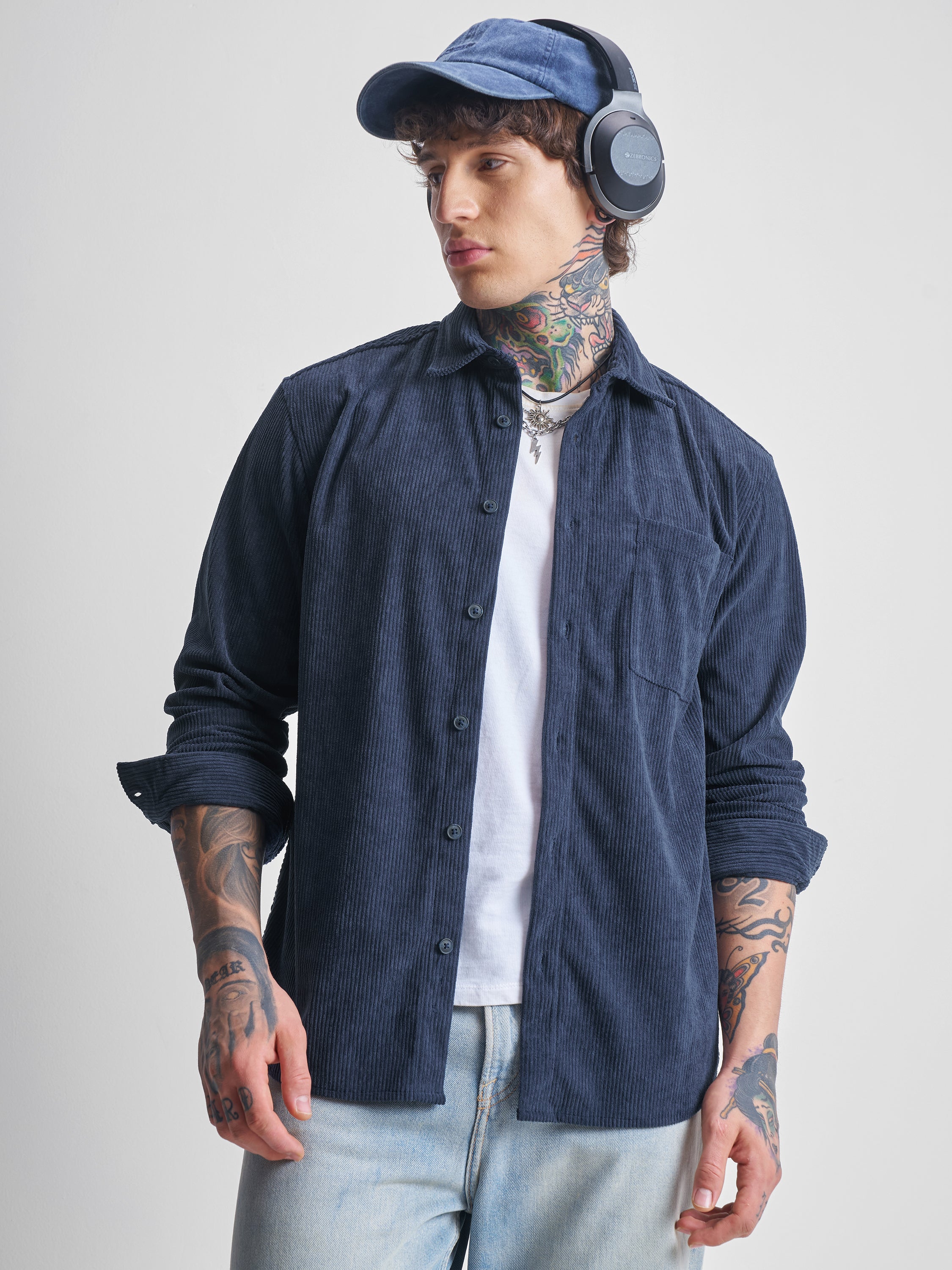 Highlander Men Navy Blue Self Design Oversized Fit Casual Shirt - Navy Blue - Image 1