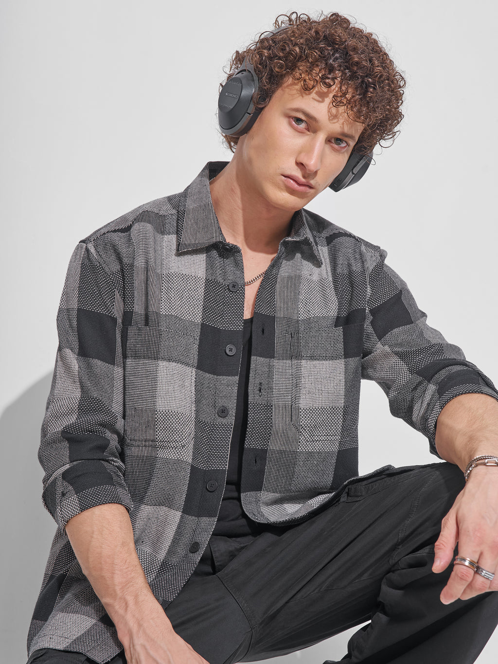 Highlander Men Grey Checked Oversized Fit Casual Shirt - Grey - Image 1