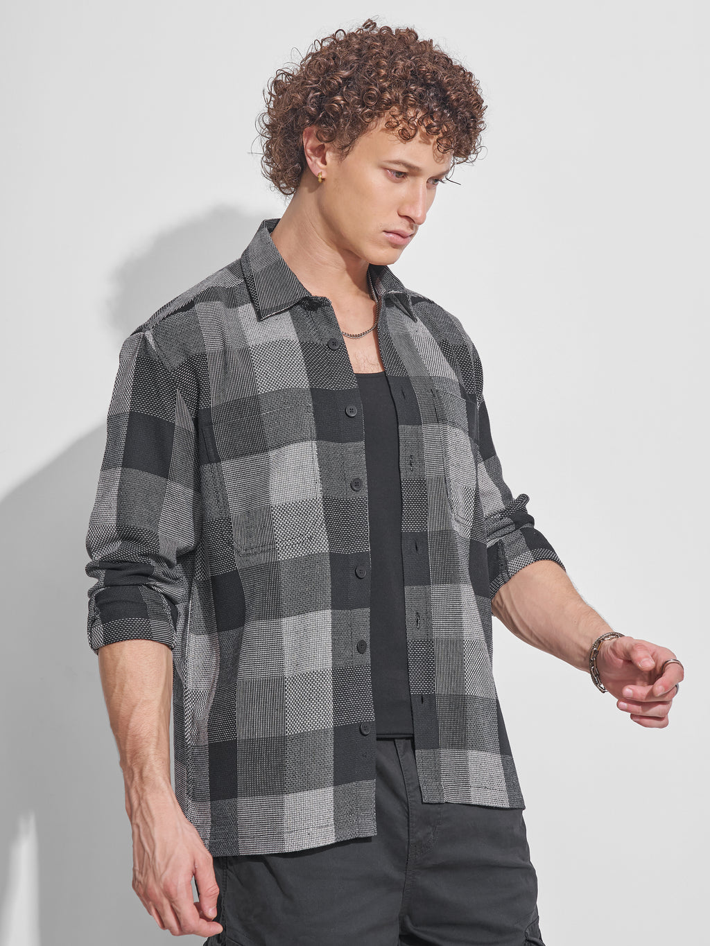 Highlander Men Grey Checked Oversized Fit Casual Shirt - Grey - Image 6
