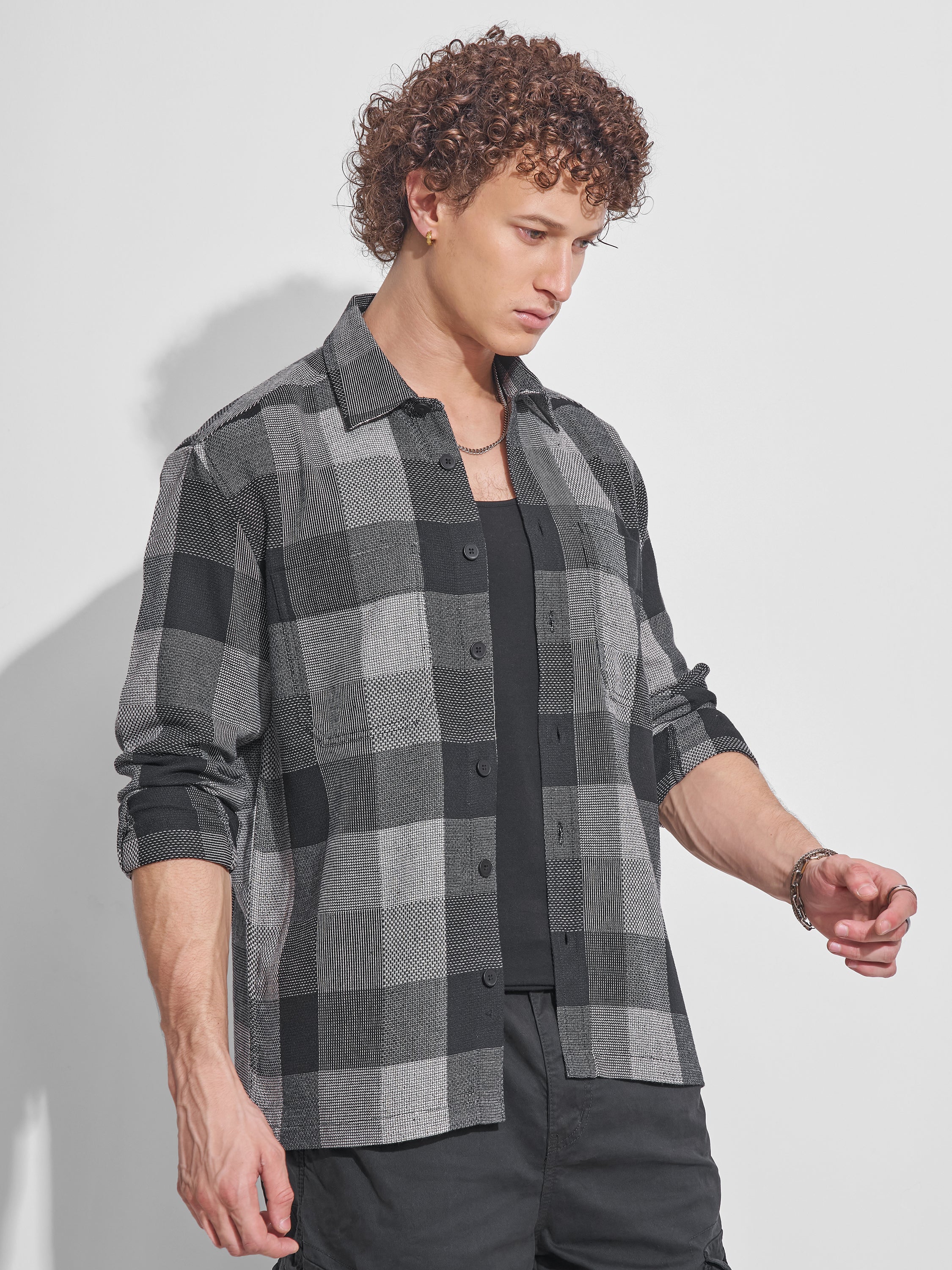 Highlander Men Grey Checked Oversized Fit Casual Shirt - Grey - Image 6