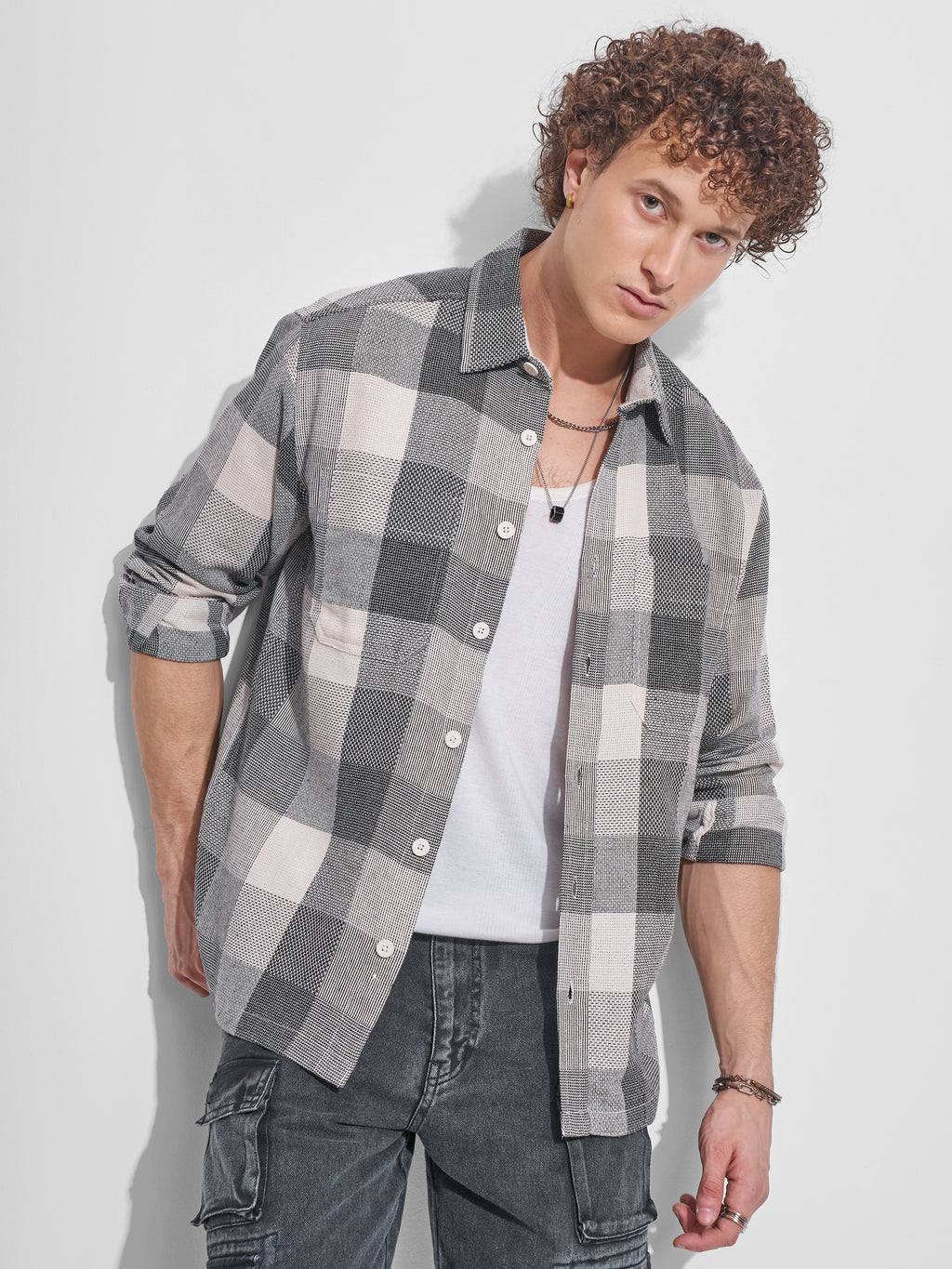 Highlander Men Grey Checked Oversized Fit Casual Shirt - Grey - Image 1