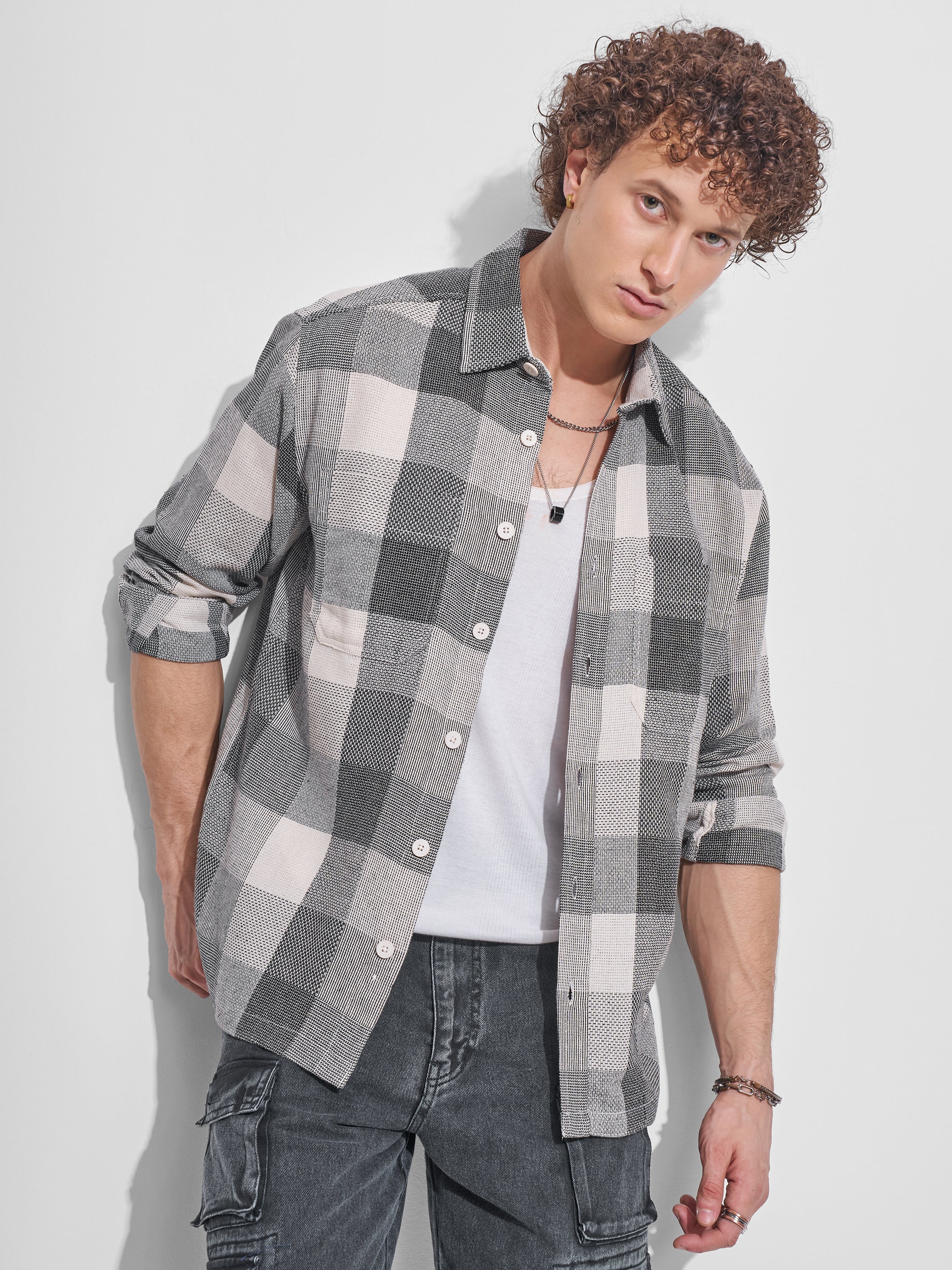 Highlander Men Grey Checked Oversized Fit Casual Shirt - Grey - Image 1