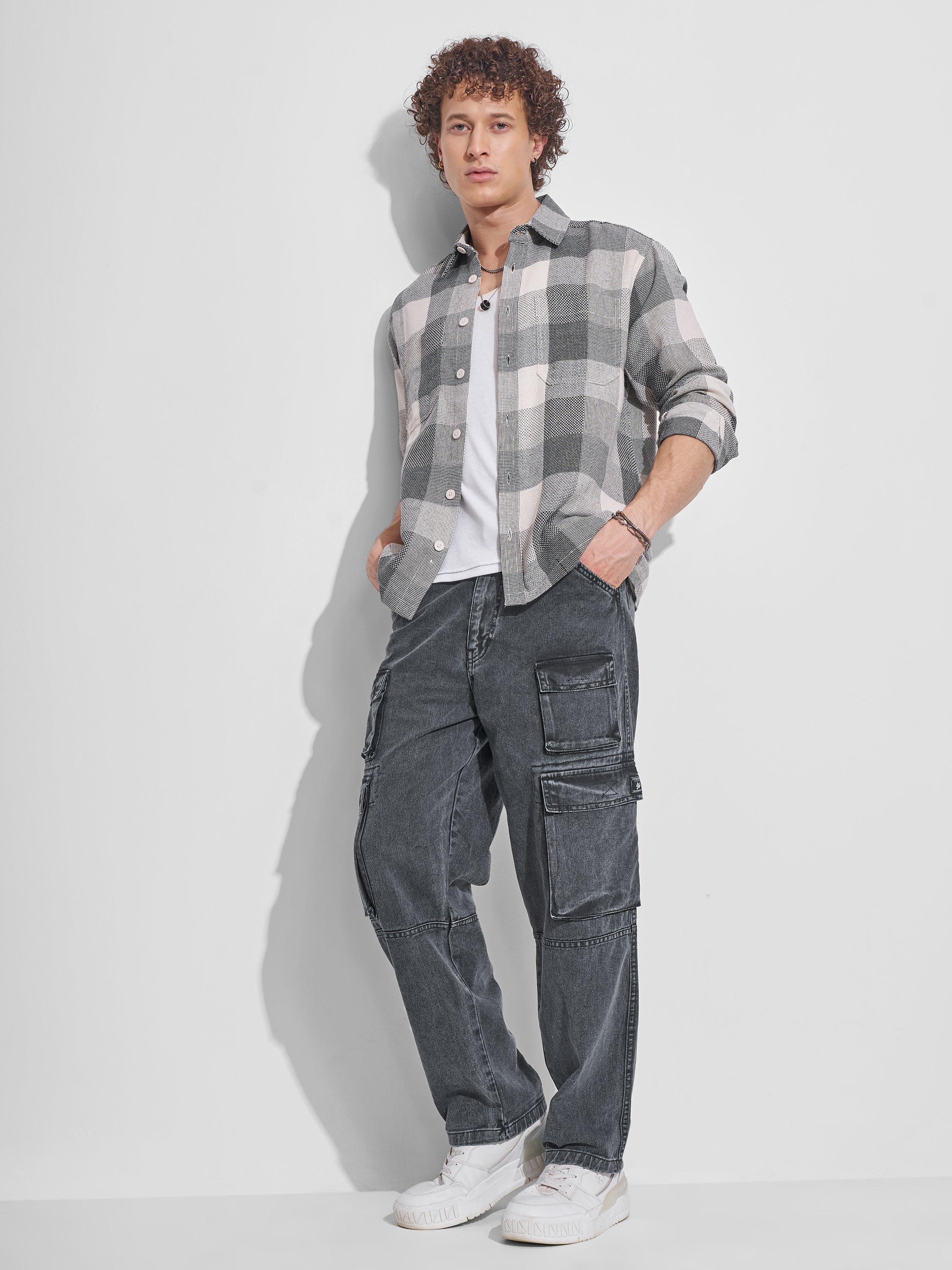 Highlander Men Grey Checked Oversized Fit Casual Shirt - Grey - Image 2