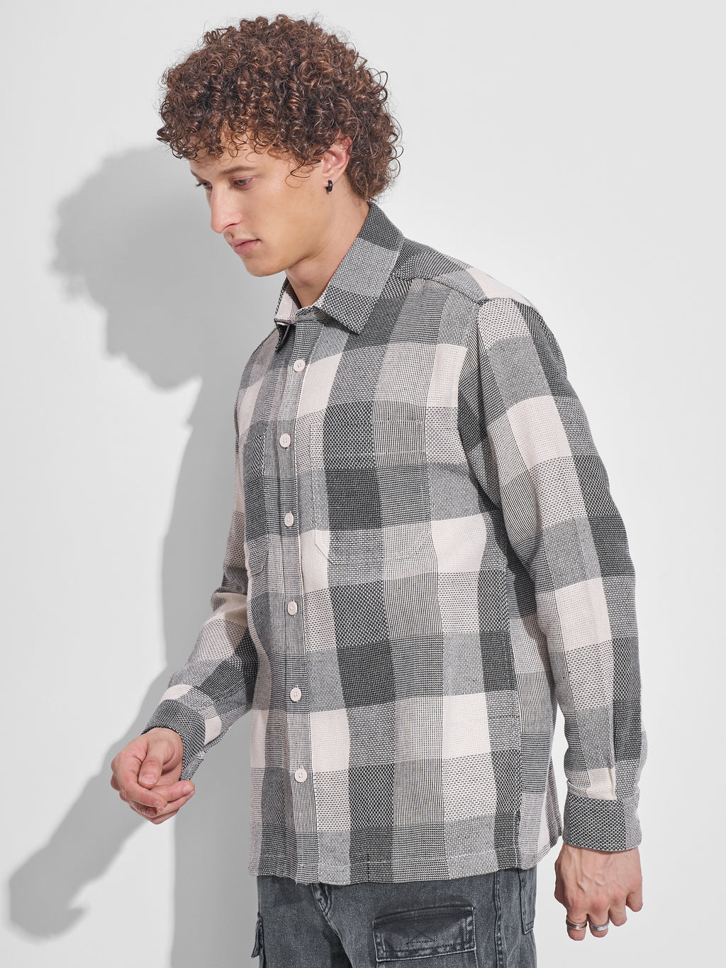 Highlander Men Grey Checked Oversized Fit Casual Shirt - Grey - Image 4