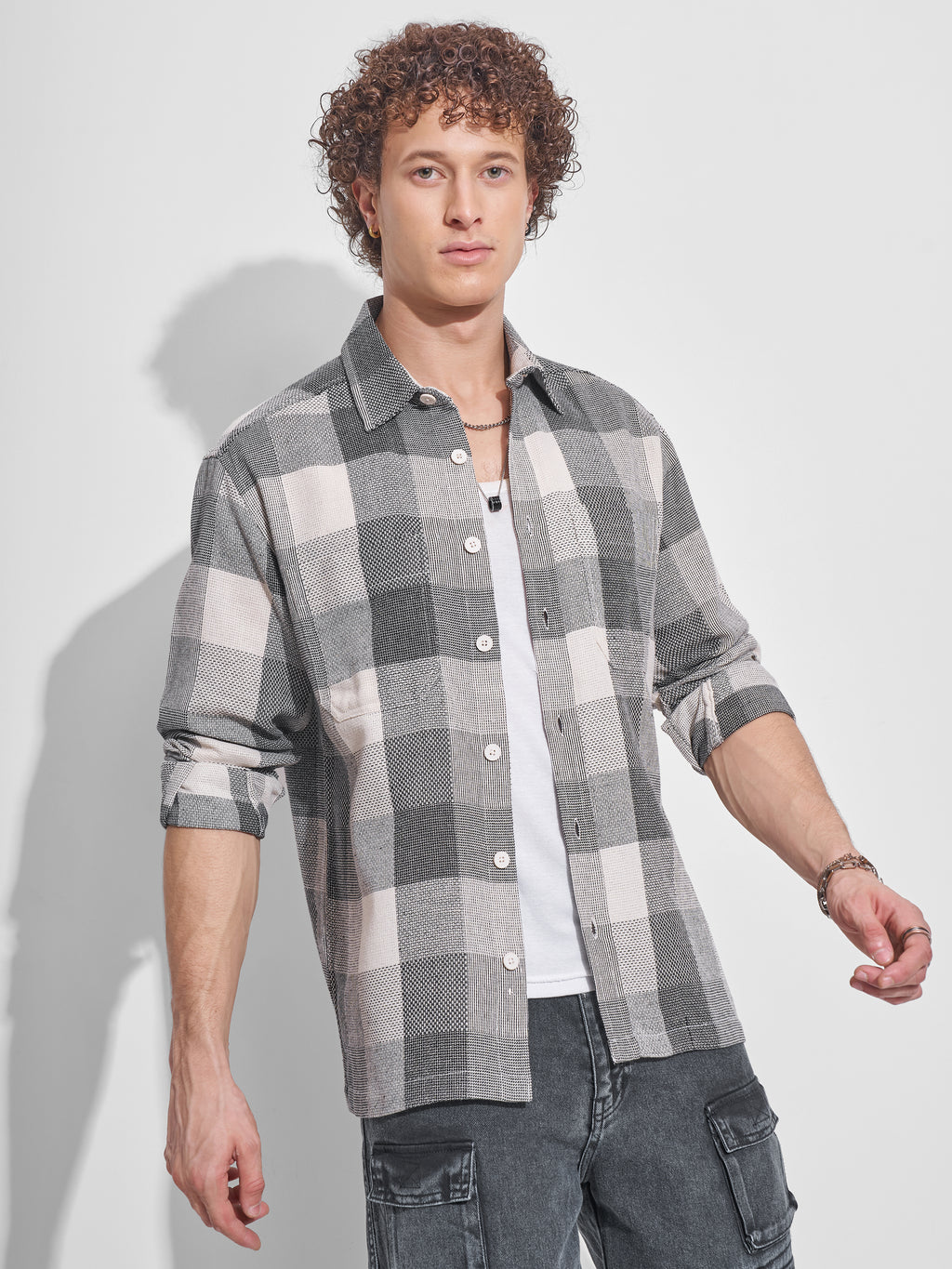 Highlander Men Grey Checked Oversized Fit Casual Shirt - Grey - Image 6