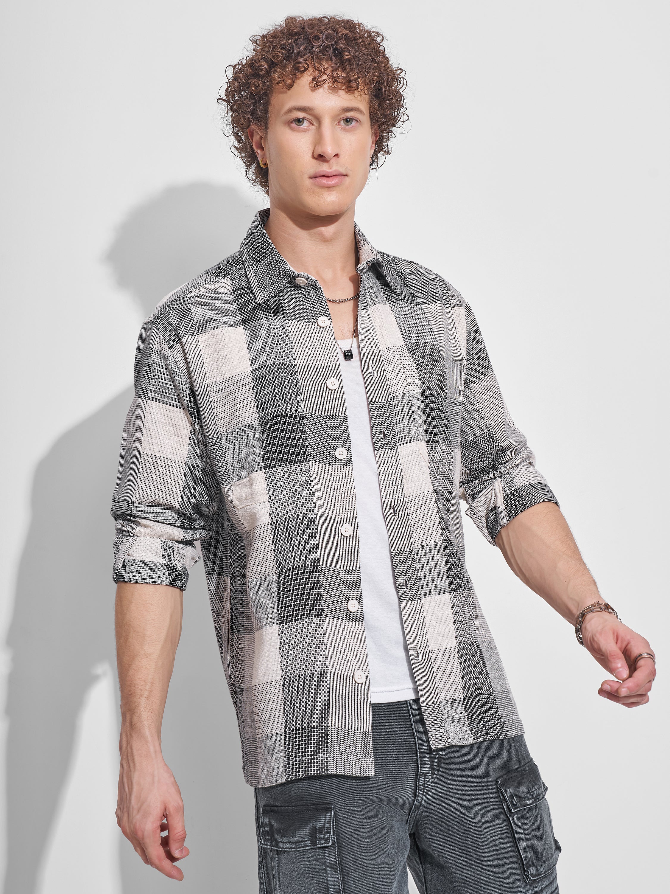 Highlander Men Grey Checked Oversized Fit Casual Shirt - Grey - Image 6