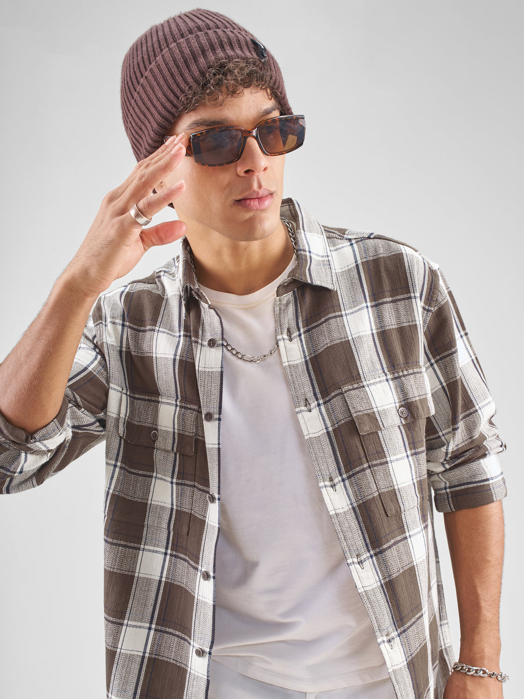 Highlander Men Brown Checked Oversized Fit Casual Shirt - Brown - Image 1