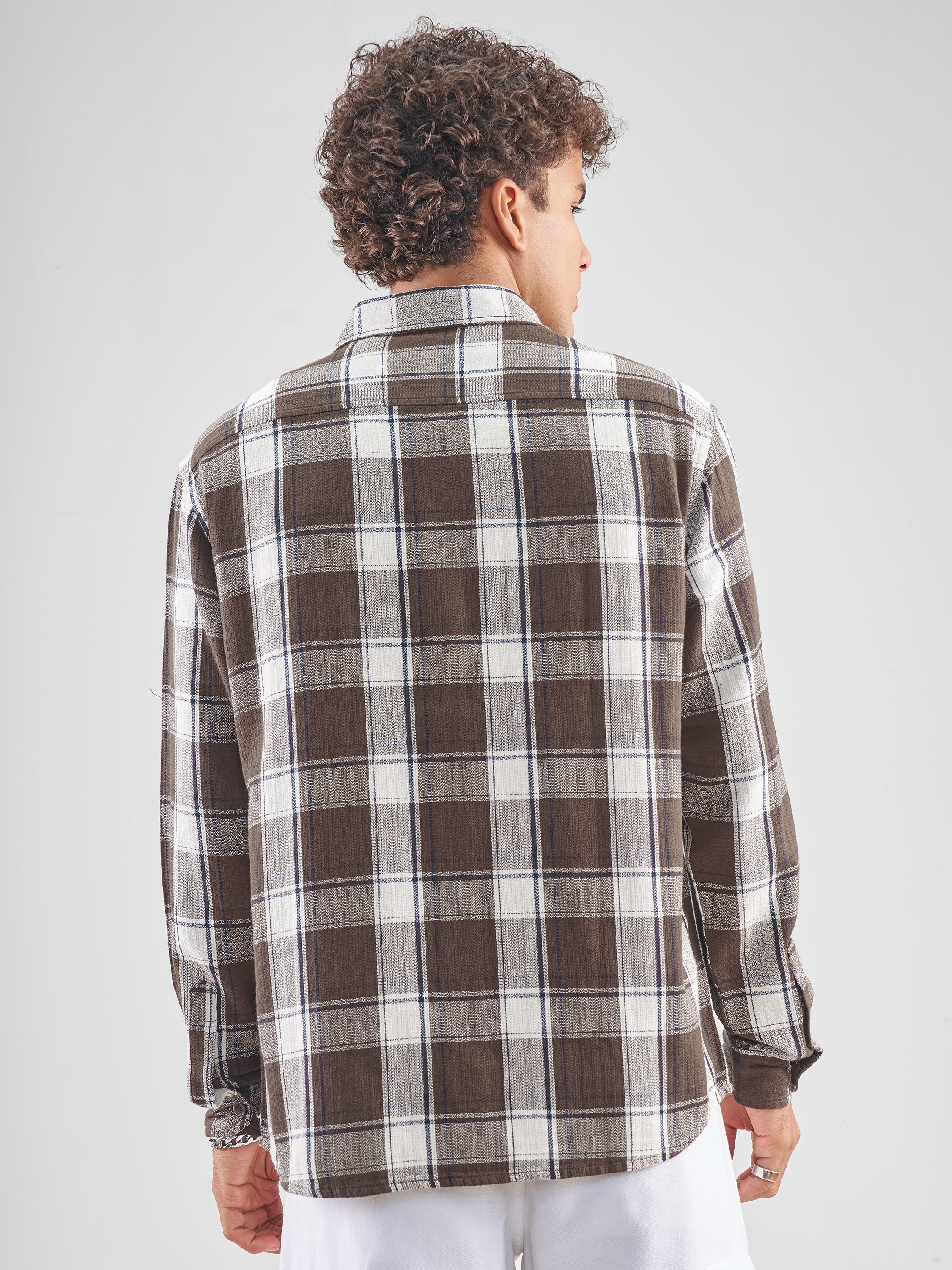 Highlander Men Brown Checked Oversized Fit Casual Shirt - Brown - Image 3
