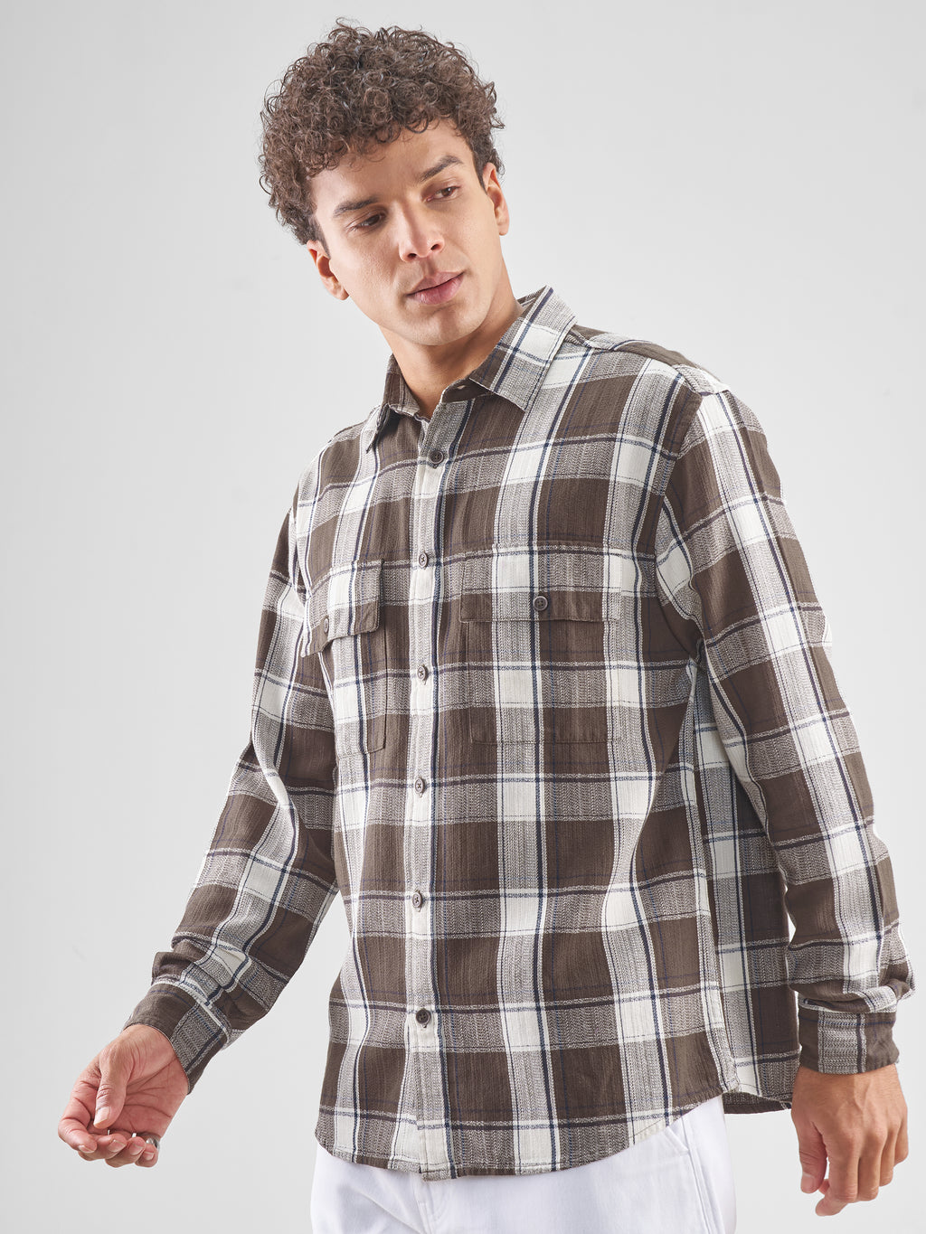 Highlander Men Brown Checked Oversized Fit Casual Shirt - Brown - Image 4