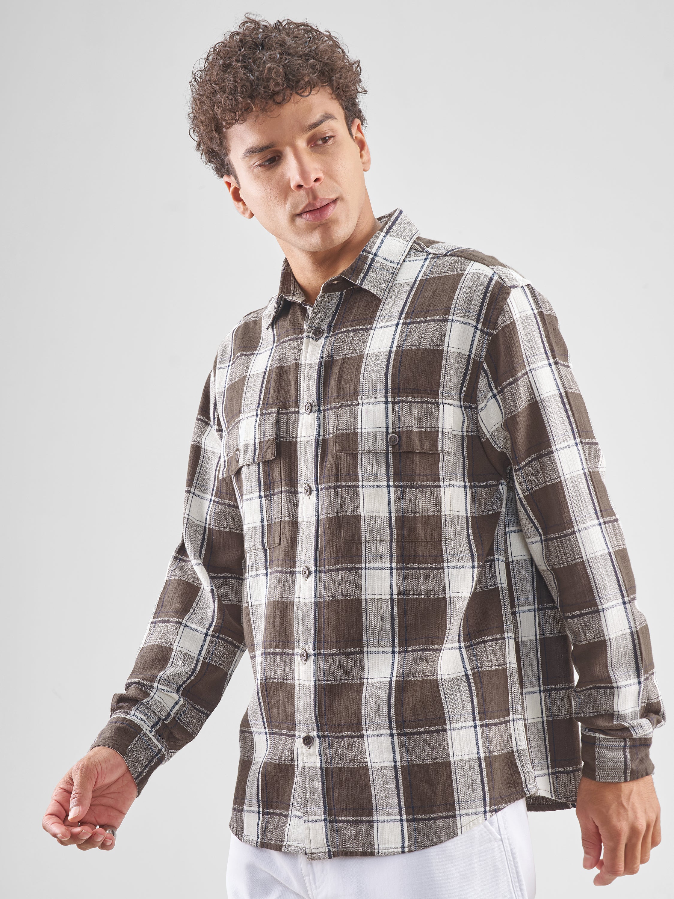Highlander Men Brown Checked Oversized Fit Casual Shirt - Brown - Image 4
