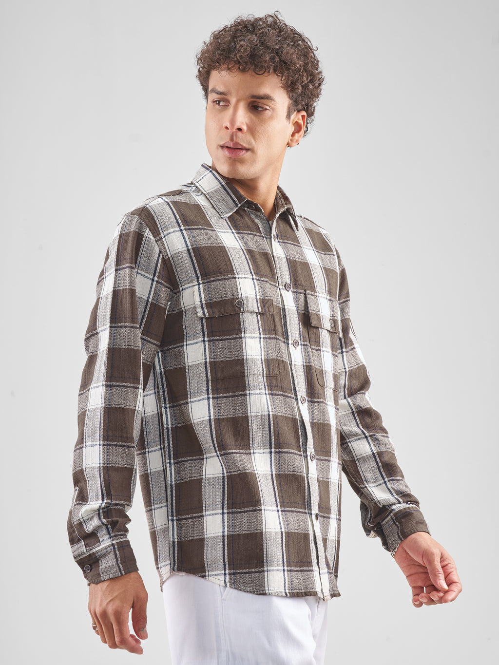 Highlander Men Brown Checked Oversized Fit Casual Shirt - Brown - Image 6