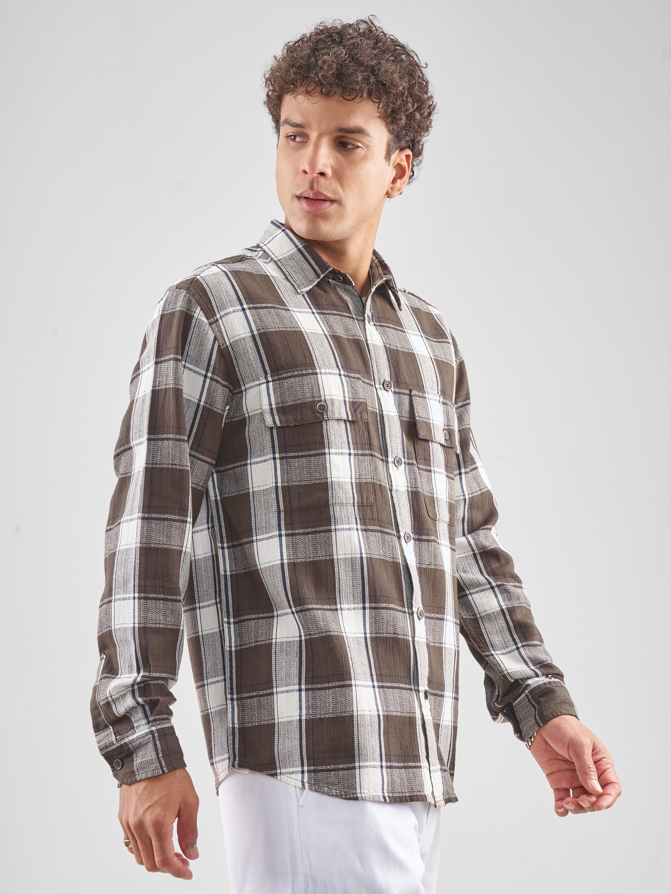Highlander Men Brown Checked Oversized Fit Casual Shirt - Brown - Image 6