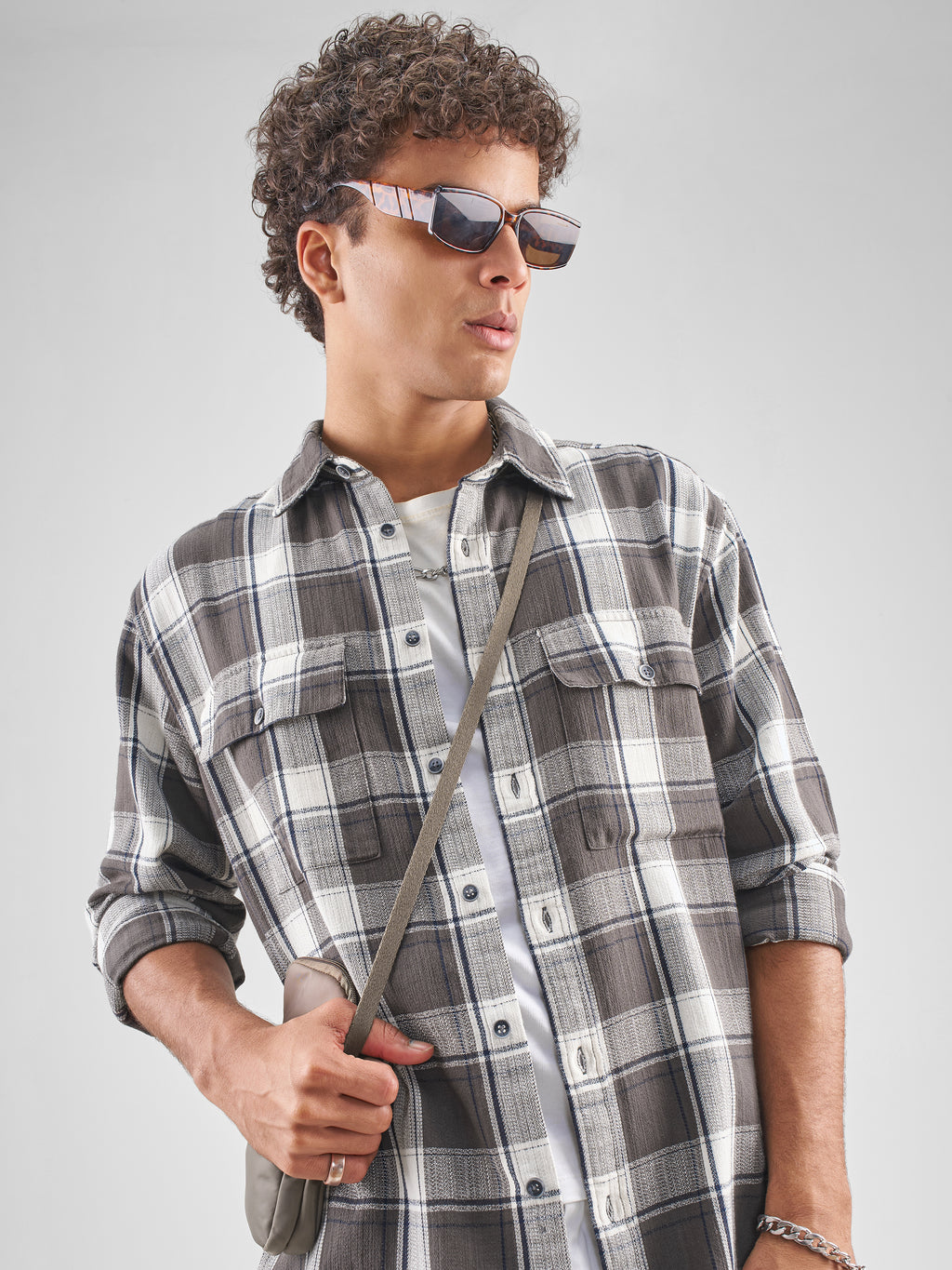 Highlander Men Charcoal Checked Oversized Fit Casual Shirt - Charcoal - Image 1