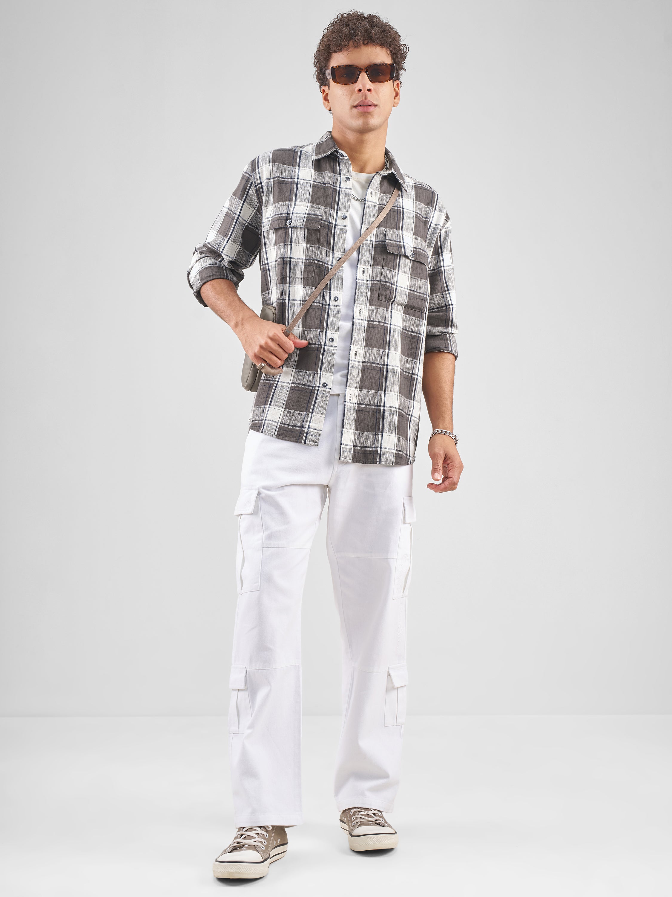 Highlander Men Charcoal Checked Oversized Fit Casual Shirt - Charcoal - Image 2