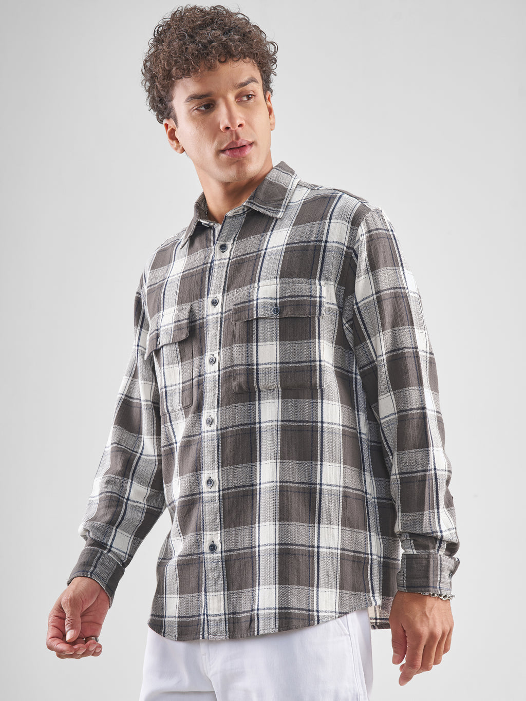 Highlander Men Charcoal Checked Oversized Fit Casual Shirt - Charcoal - Image 4