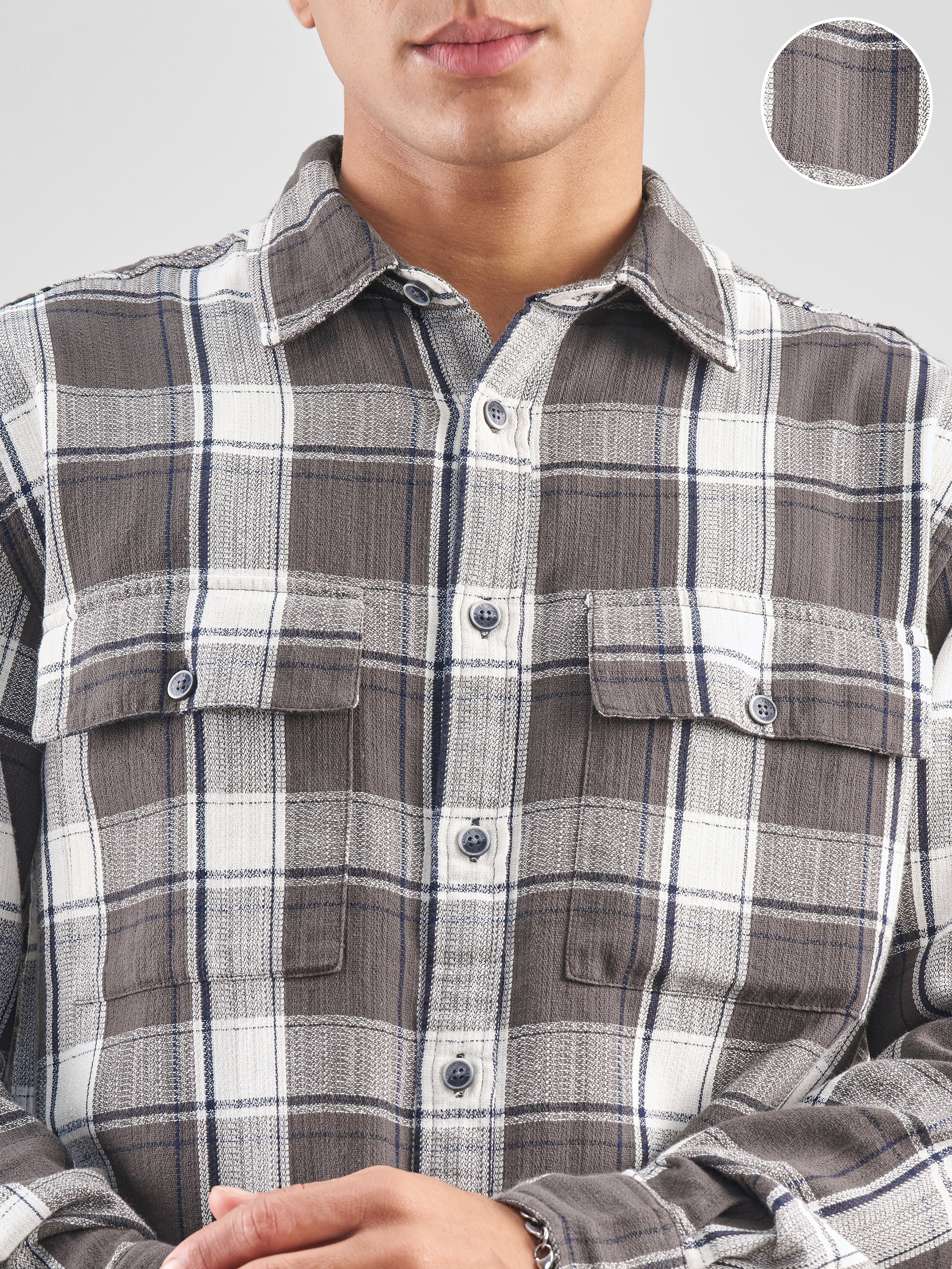 Highlander Men Charcoal Checked Oversized Fit Casual Shirt - Charcoal - Image 5