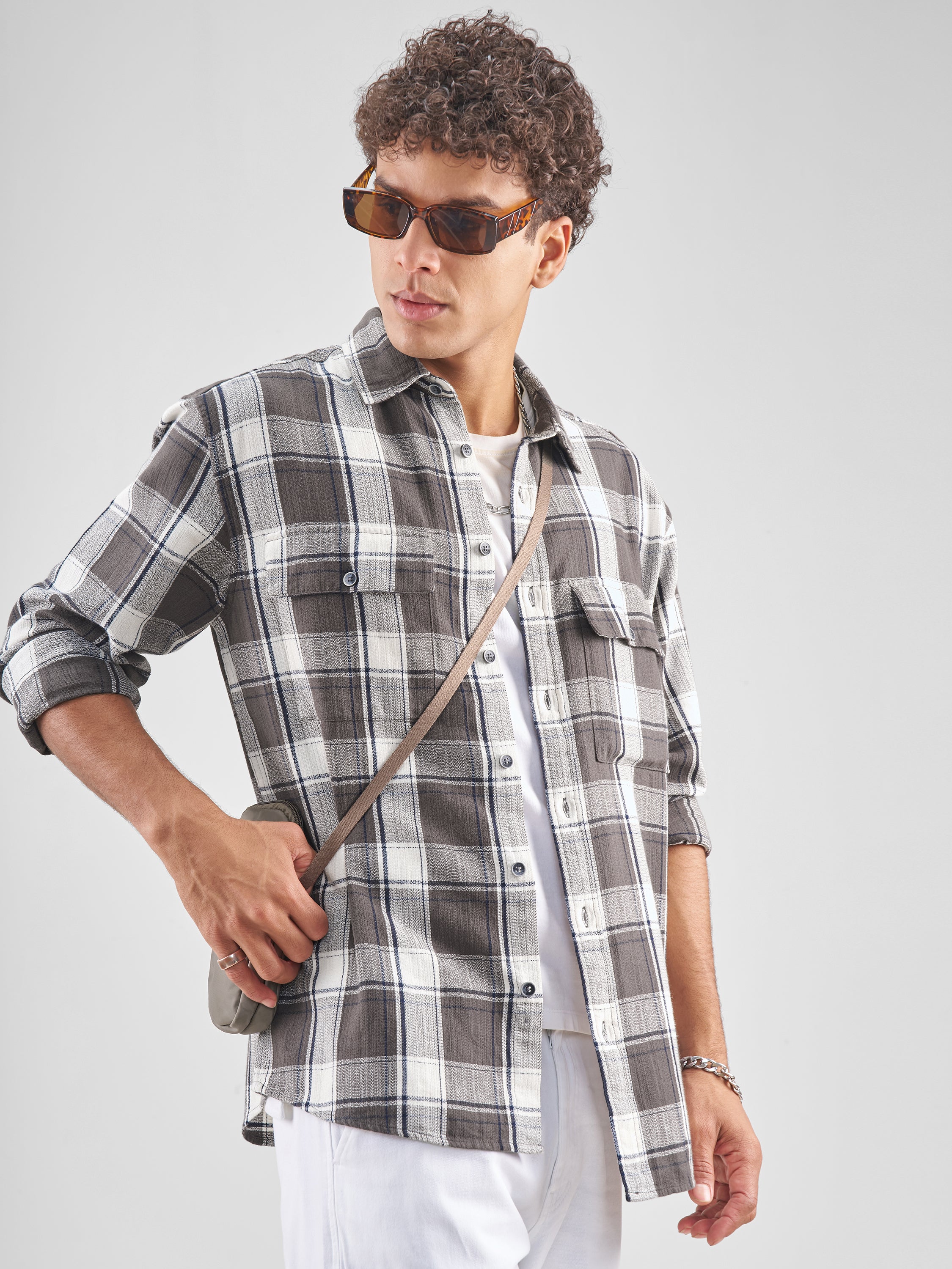 Highlander Men Charcoal Checked Oversized Fit Casual Shirt - Charcoal - Image 6