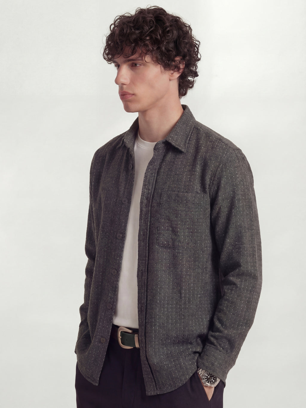 Highlander Men Charcoal Self Design Relaxed Fit Casual Shirt - Charcoal - Image 4