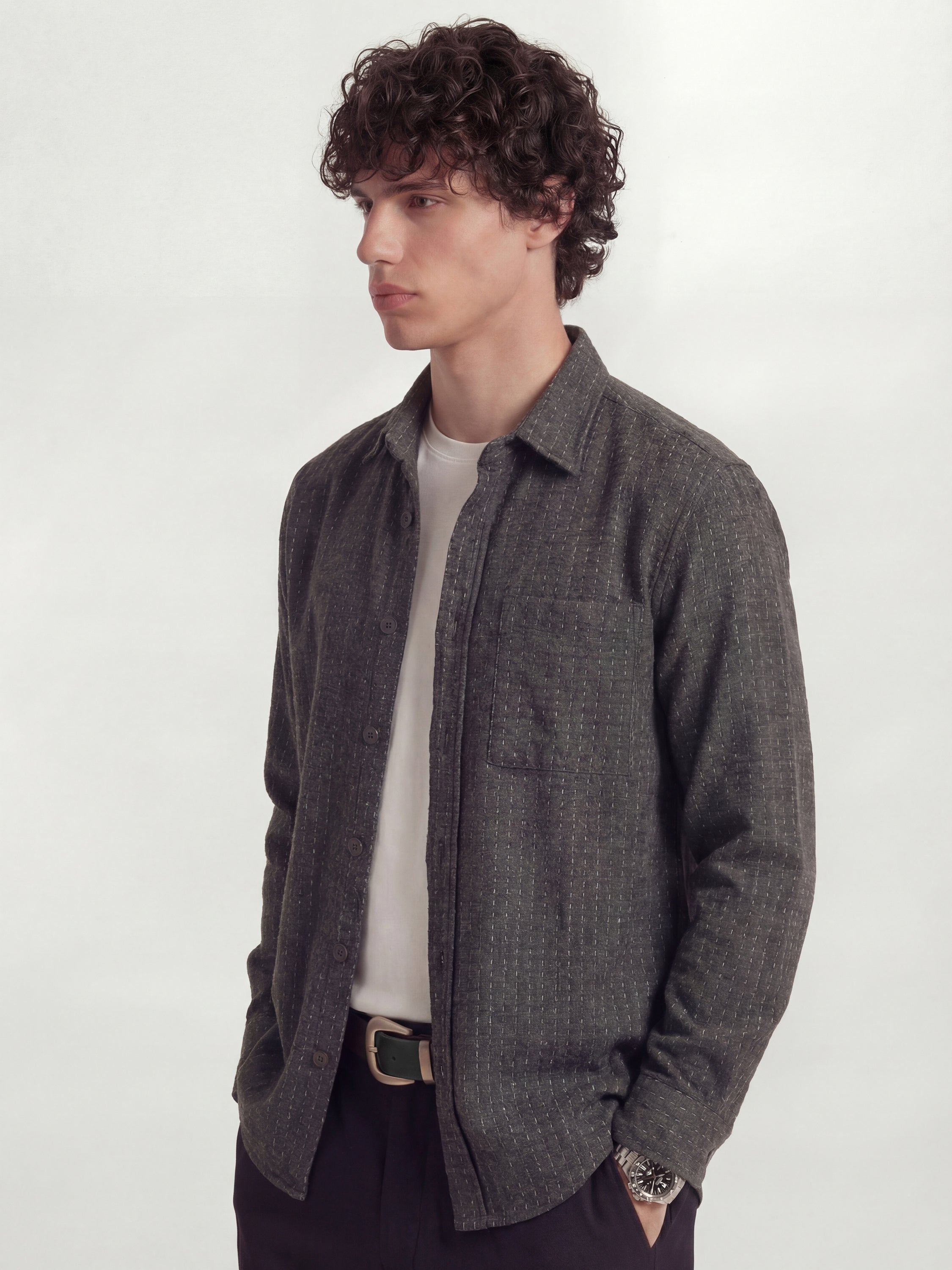 Highlander Men Charcoal Self Design Relaxed Fit Casual Shirt - Charcoal - Image 4