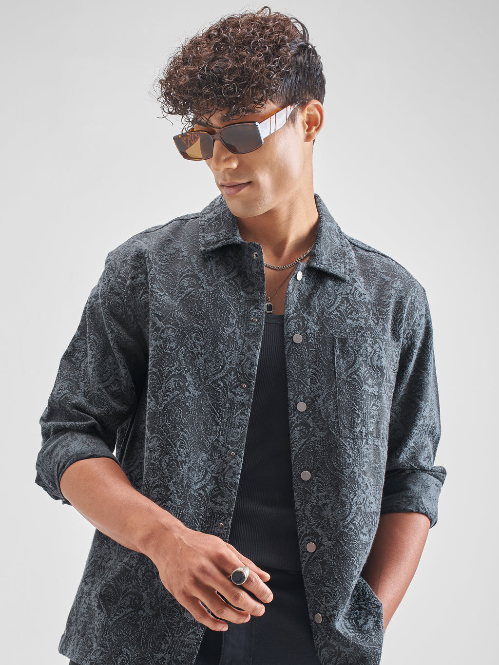 Highlander Men Blue Self Design Oversized Fit Casual Shirt - Blue - Image 1