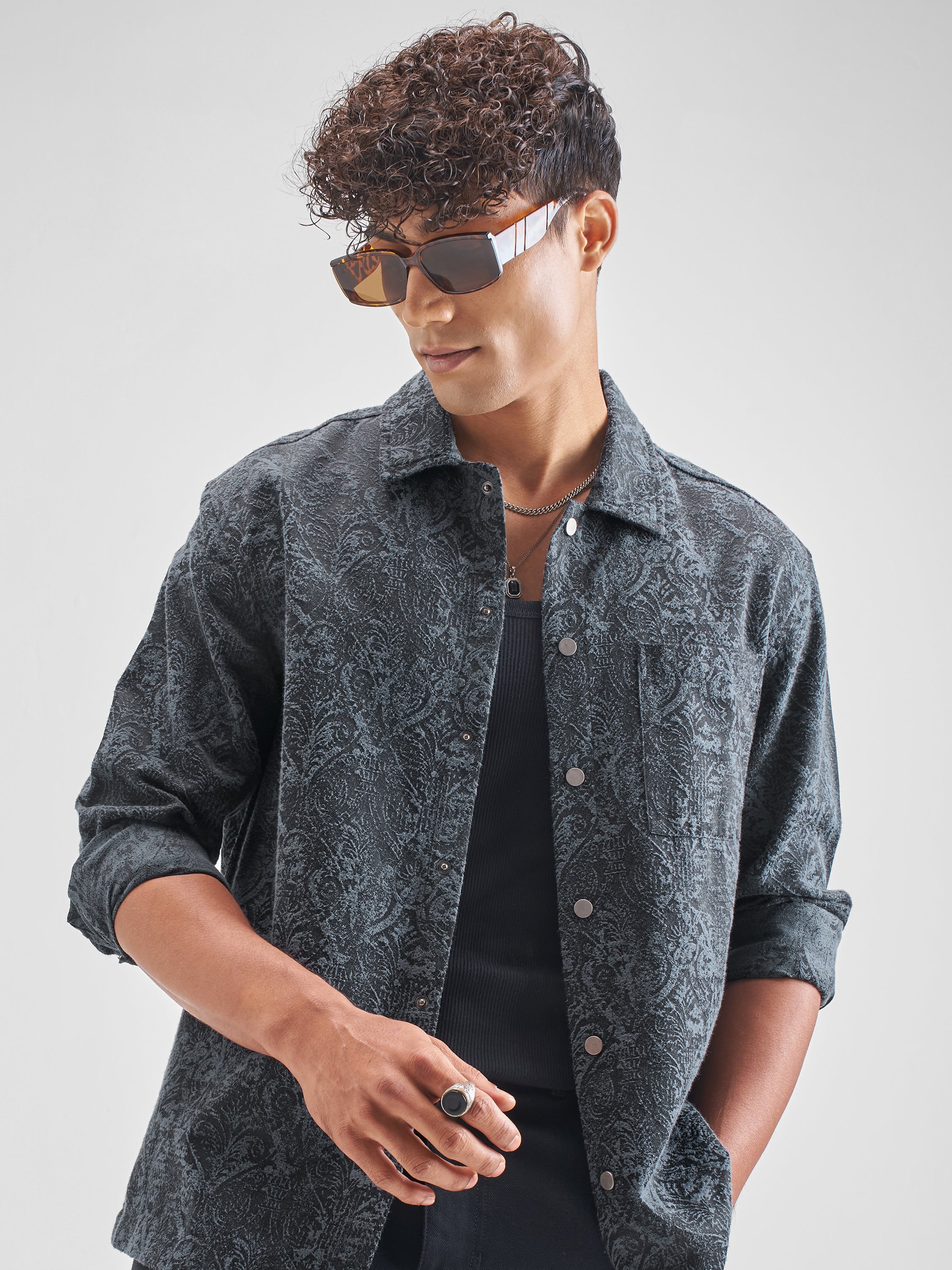 Highlander Men Blue Self Design Oversized Fit Casual Shirt - Blue - Image 1
