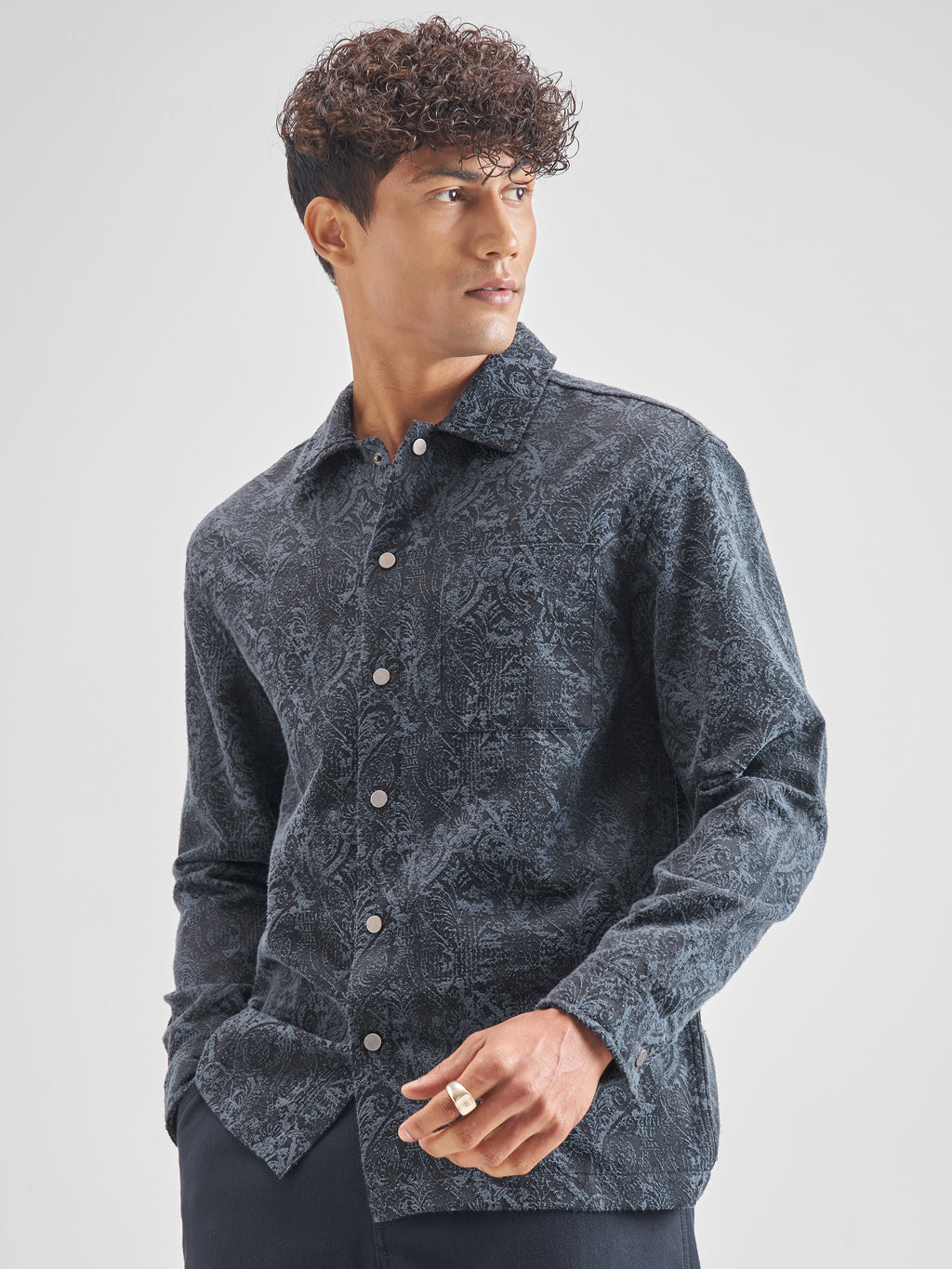 Highlander Men Blue Self Design Oversized Fit Casual Shirt - Blue - Image 4