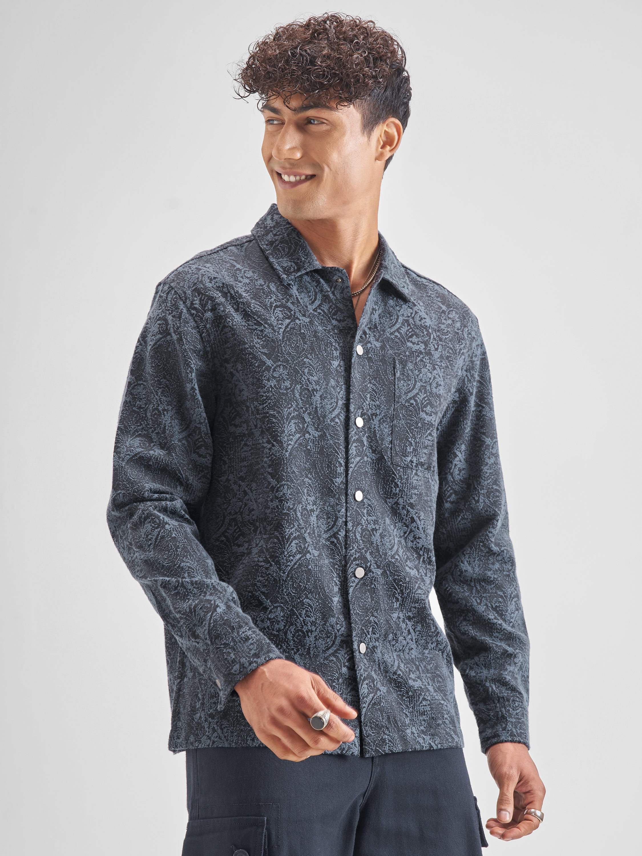 Highlander Men Blue Self Design Oversized Fit Casual Shirt - Blue - Image 6